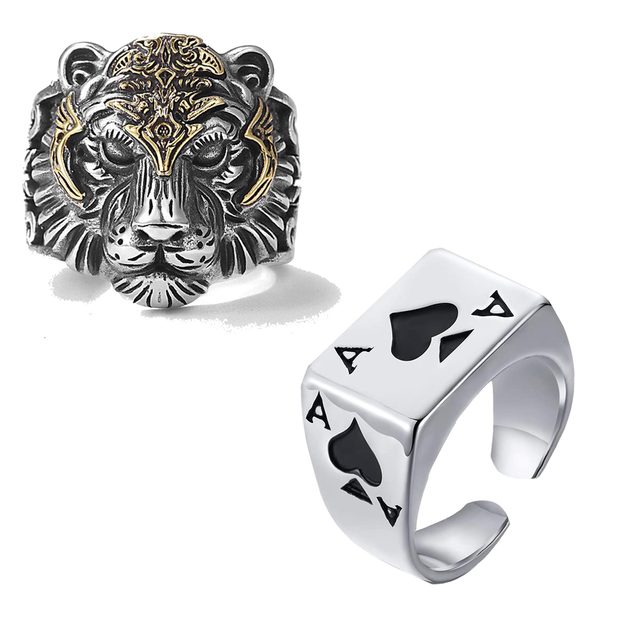 Silver Ring For Men Stainless Steel Lion King & Pocker Silver Ring For Men Boys Stylish Rings Combo-image-0