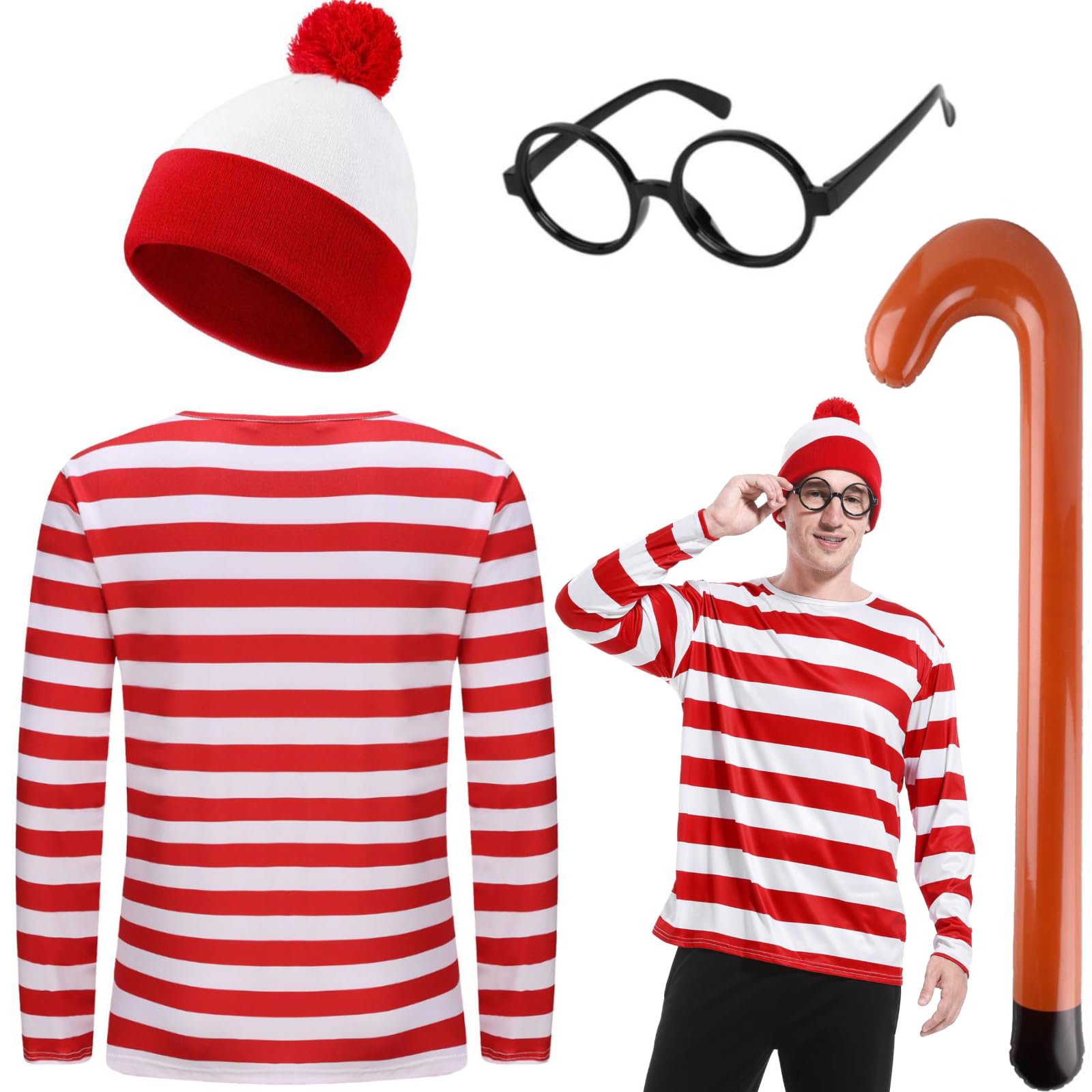 Kavoc Red and White Stripe Shirt Costume Set for Adult Include Striped Shirt Hat Beanie Black Plastic Glasses and Cane for Christmas World Book Week Masquerade Cosplay Outfit (L)