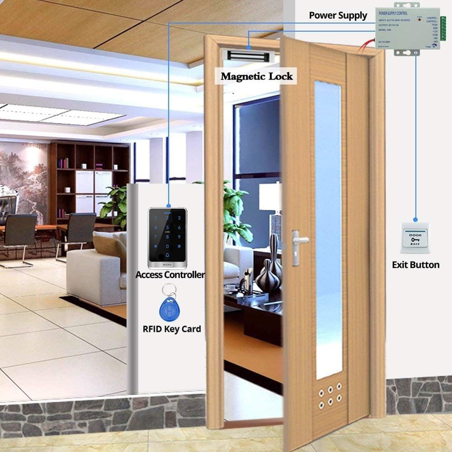 YAVIS Voller Satz RFID Outdoor Waterproof Touchscreen Zugangskontroller,125KHz Code Tastatur Kartenleser,280KG/600LBS NC elektrisches magnetisches Schloss,110-240V 3A Netzteil,Türklingel, 10 Tasten
