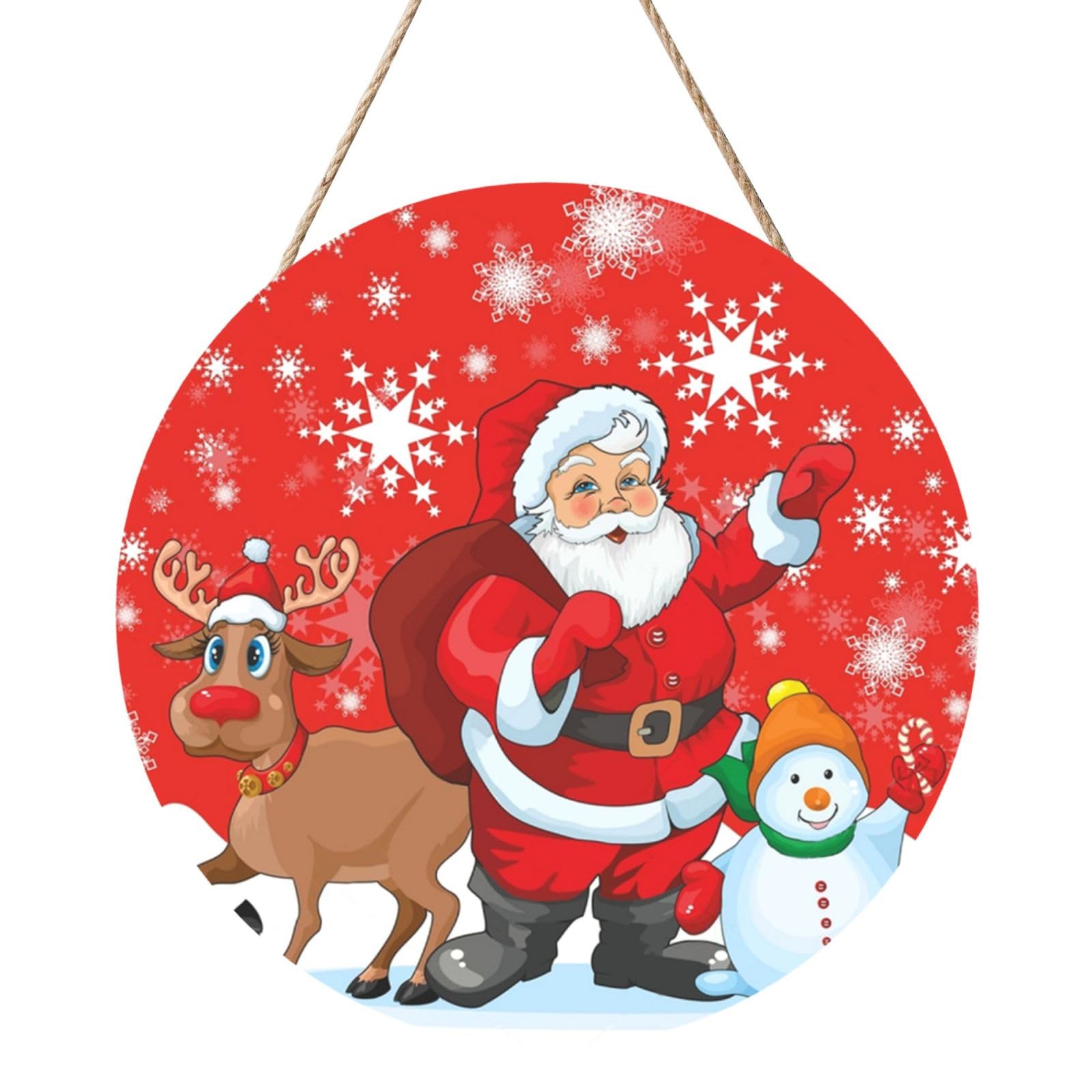 InOmak Santa Reindeer And Snowman With Snowflake Printed, Round Wood Panel Painting 12 in, Wall Hanging Painting For Home