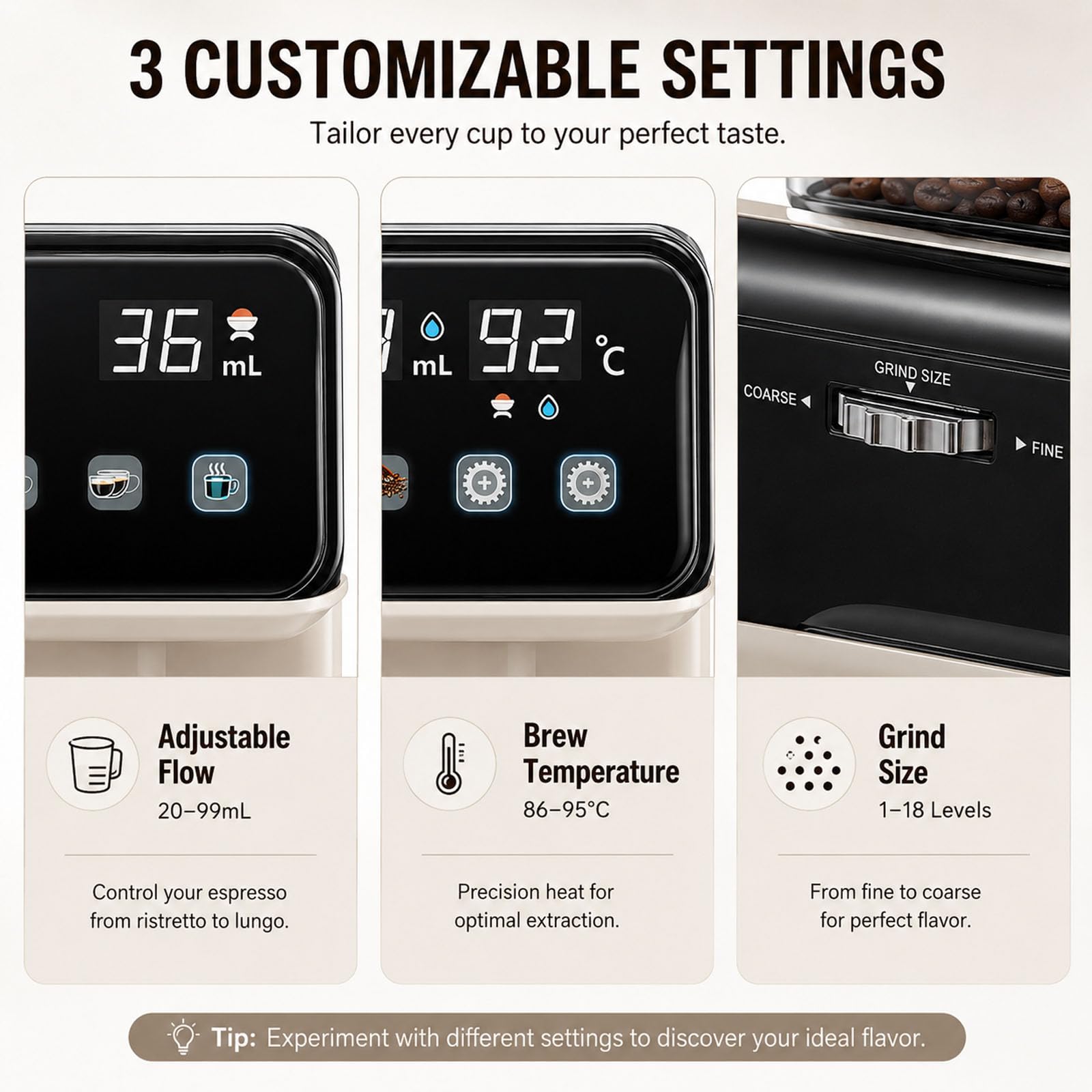 Macchina per caffè espresso automatica con macinino, macchina da caffè da 20 bar, 18 impostazioni di macinazione, capacità 3,5 l, volume e temperatura regolabili, facile pulizia per espresso, latte