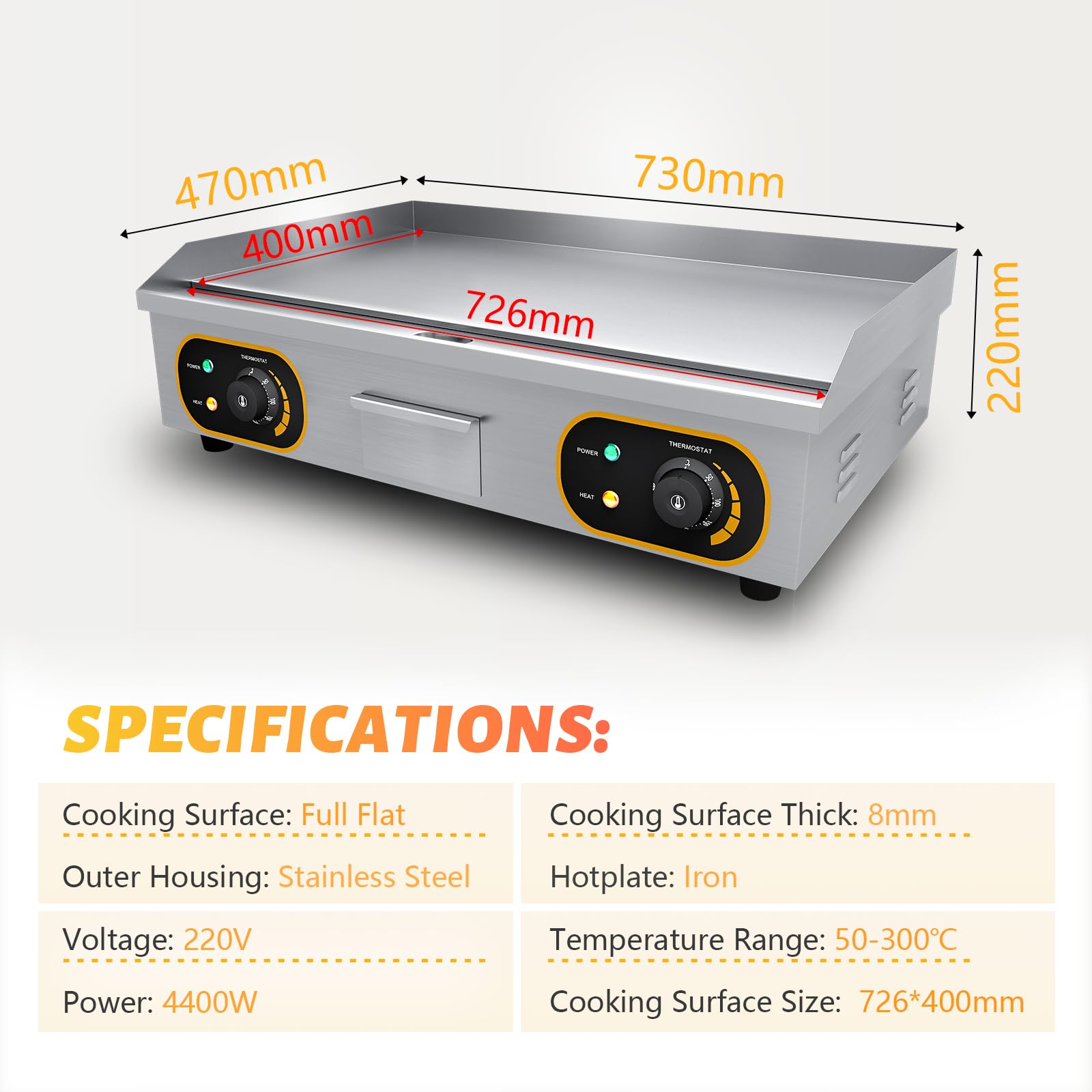 Gastro Grillplatte Elektrisch glatt, Profi Gastro Elektrogrill 73x40 cm, Kommerzielle Elektro grillplatte Edelstahl, Fett-Auffangbehälter 4400W, Doppelte Temperaturregelung & Doppelstecker, für Küche