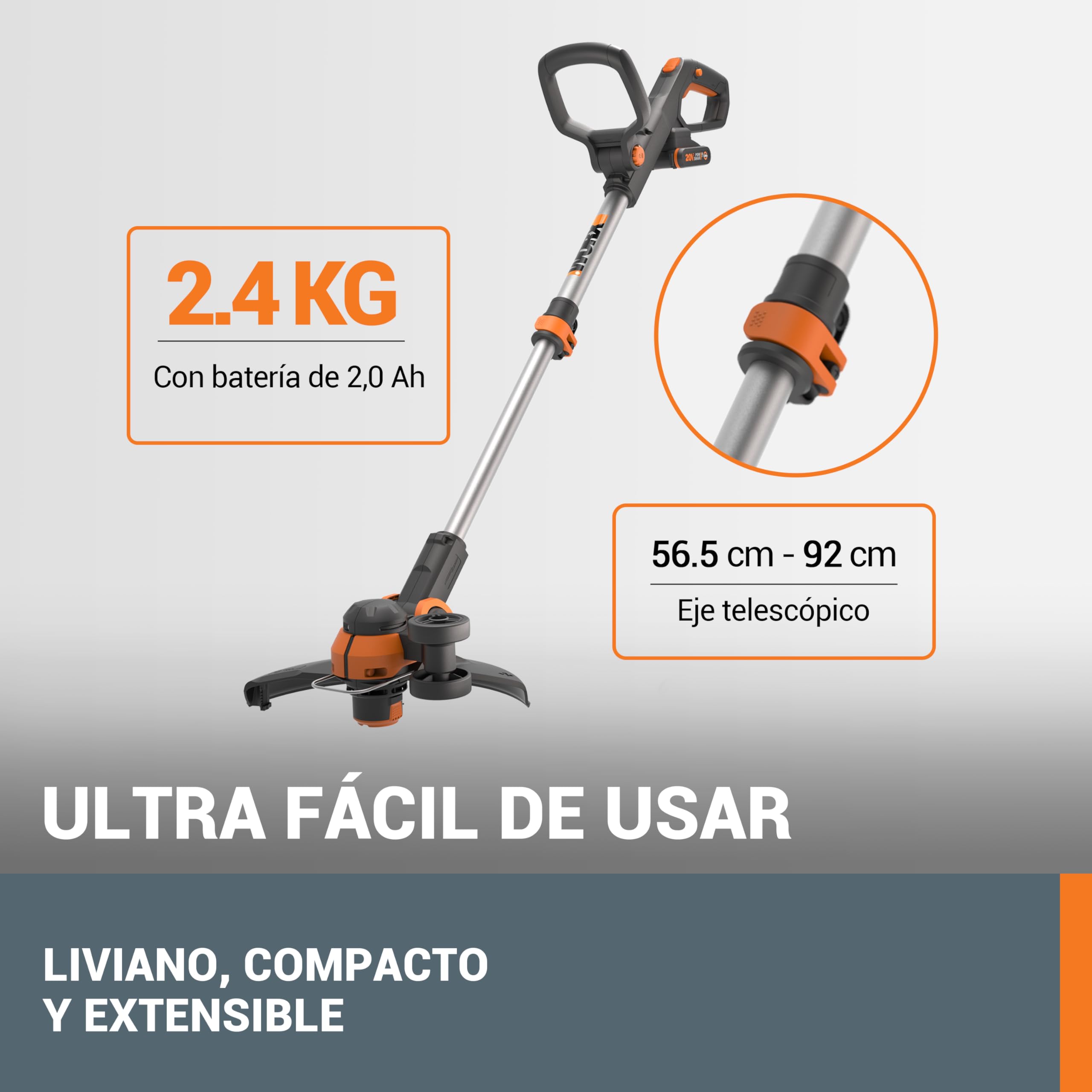 WORX WG163E Desbrozadora y Cortabordes 2 en 1 a Batería 20V 2Ah, Sistema Command Feed Automático, Cabezal Giratorio 90°, para Jardines Medianos