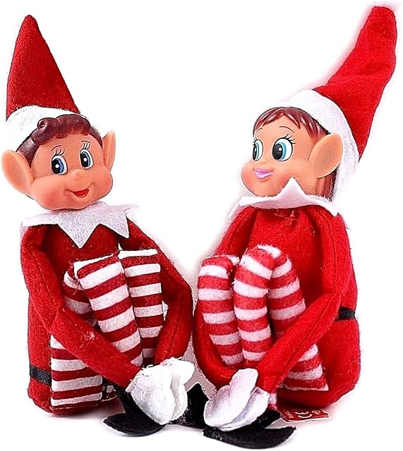 WHITE HILL Elfie & Elvie - (Boy and Girl) Set - With Velcro in Hands - Long Legged Elf Soft Plush Toy - Christmas Novelty Toys - Elf with Hat & Tag for Christmas Holiday New Year Decoration Gift