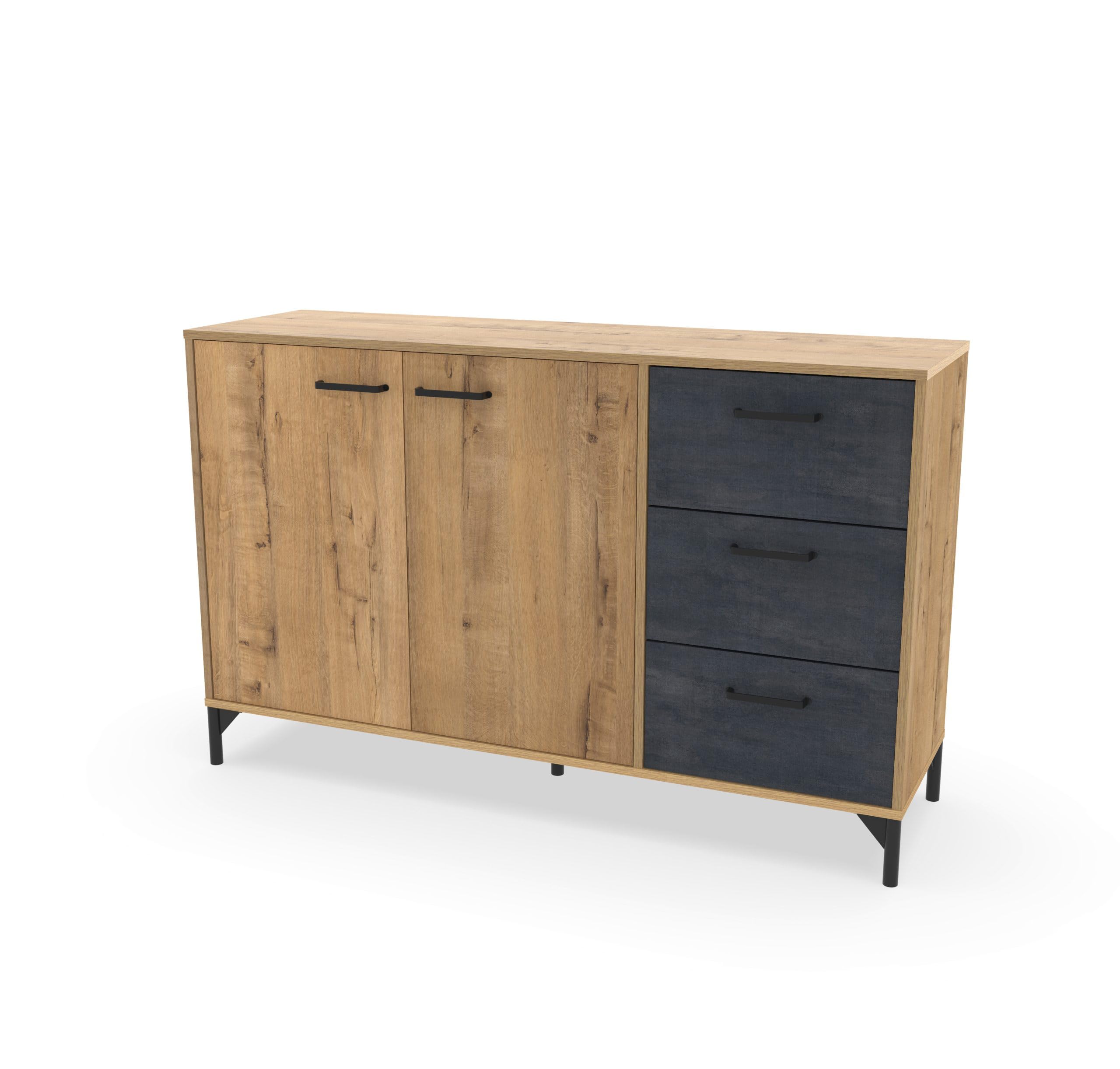 Aparador Salón Comedor, Buffet, Mueble Auxiliar, 2 puertas y 3 Cajones, Roble Gold combinado con imitacón mármol negro, 85x135x40cm, Despensa, Cocina, Despacho, Moderno, Industrial, modelo Nantes