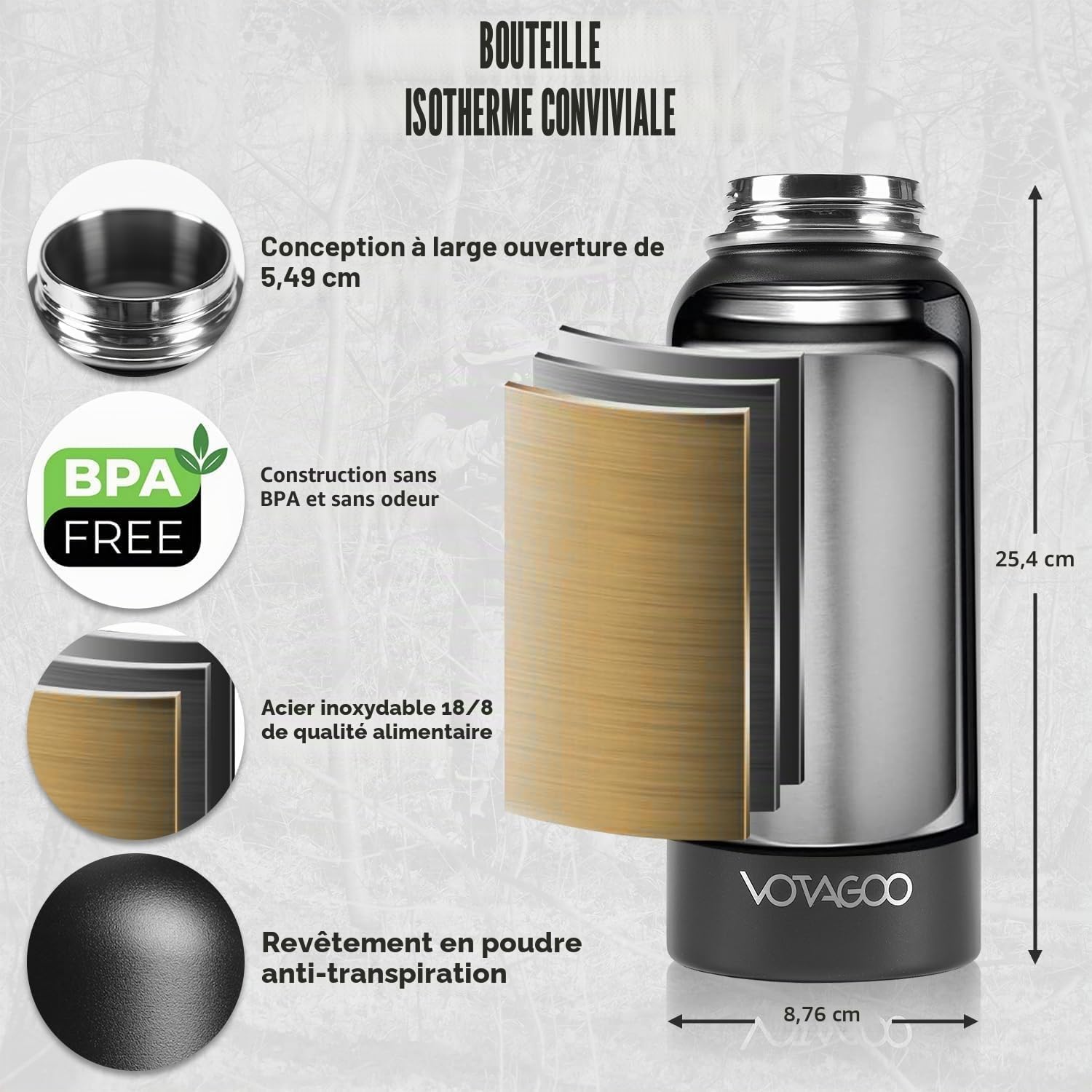 Bouteille d'eau tactique en acier inoxydable - Bouteille isotherme pour l'extérieur, la randonnée, le camping, la chasse - 32 oz - Noir
