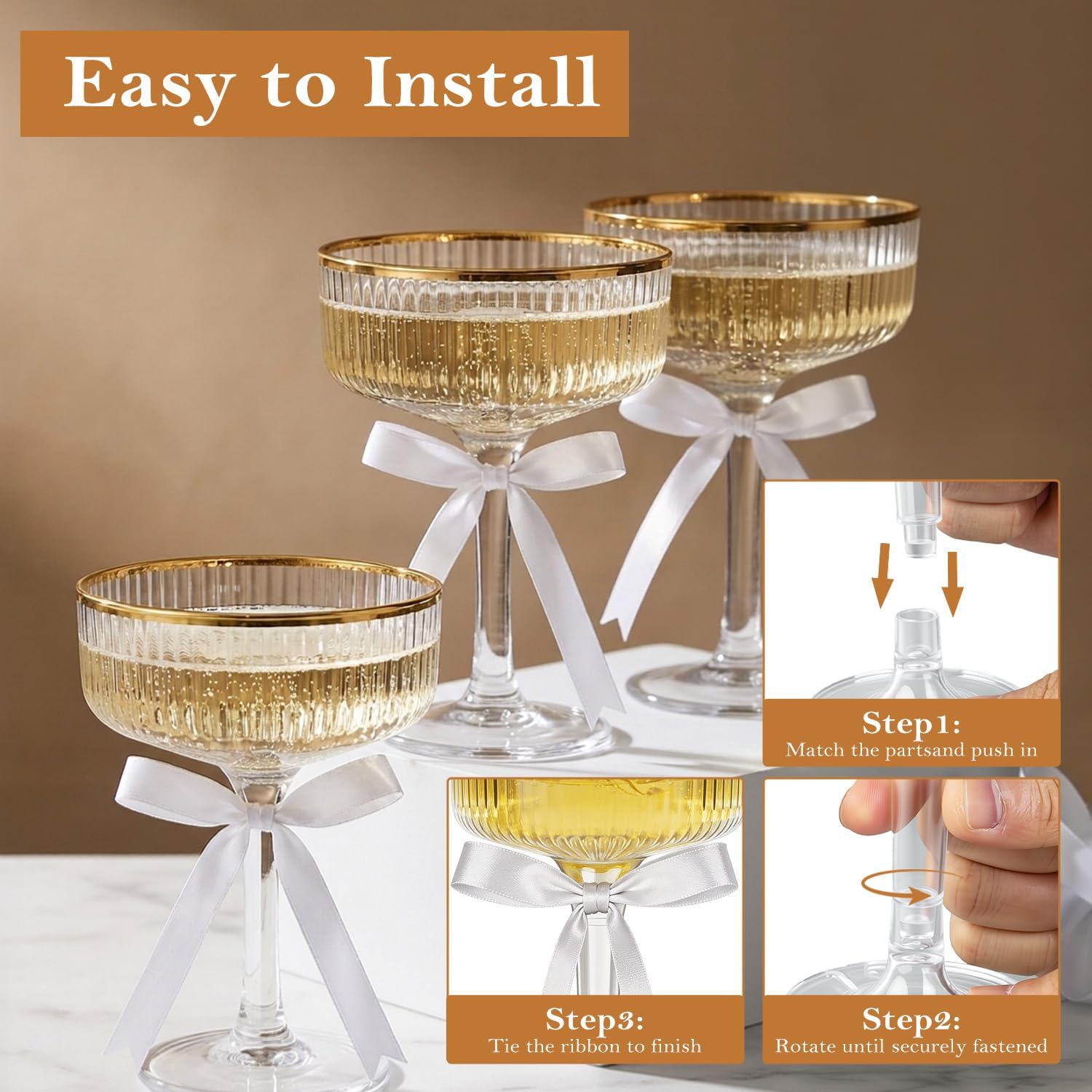 ENLOY 24 Pack Clear Champagne Tower Glasses, 7 Oz Gold Rim Champagne Martini Glasses with White Bows, Plastic Champagne Flutes, Stackable Stemmed Coupe Glasses for Wedding, Birthday Party, Anniversary