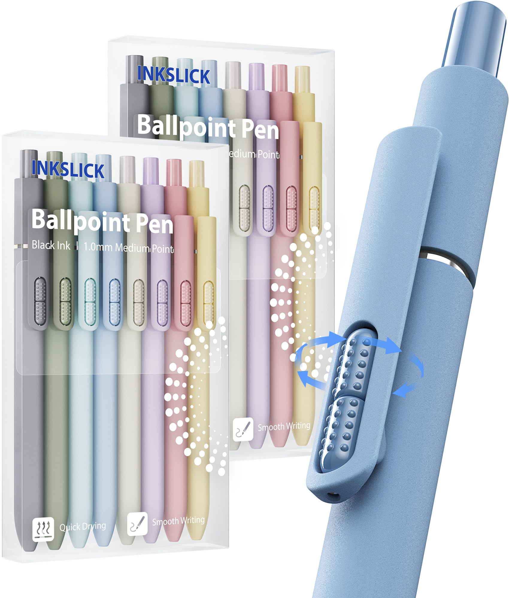 InkSlick 16 Pack Black Pens - 1.0mm Medium Point Ballpoint Pens | Smooth Writing Retractable Black Ink Pen for Nurses, Women, Adults, School, Office (Morandi-16pcs)