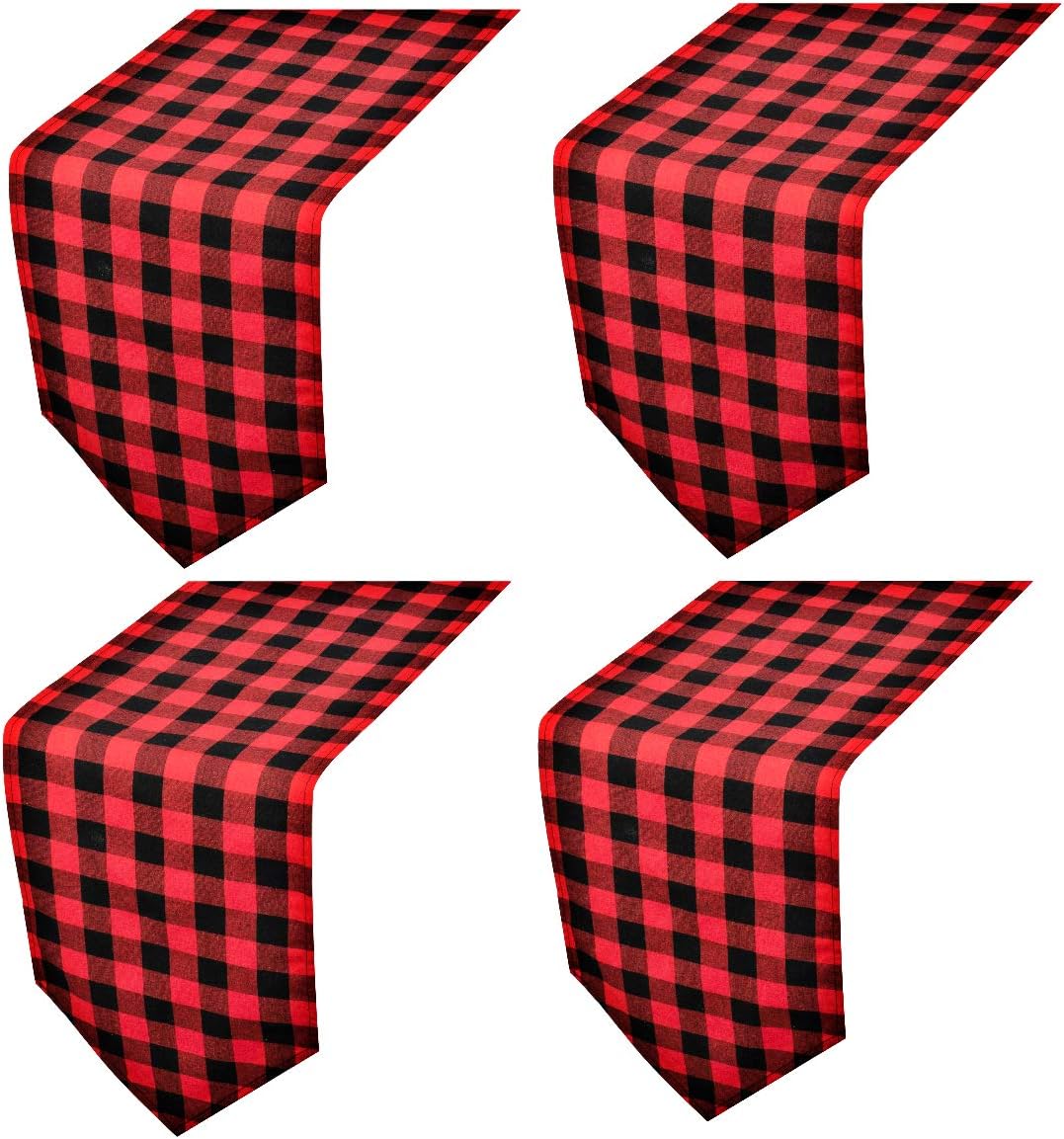 4 pack buffalo check table runners red and black plaid table runner for christmas dinner, lumberjack party, outdoor or indoor gatherings table home decorations 12"x72" red & black 72 inches