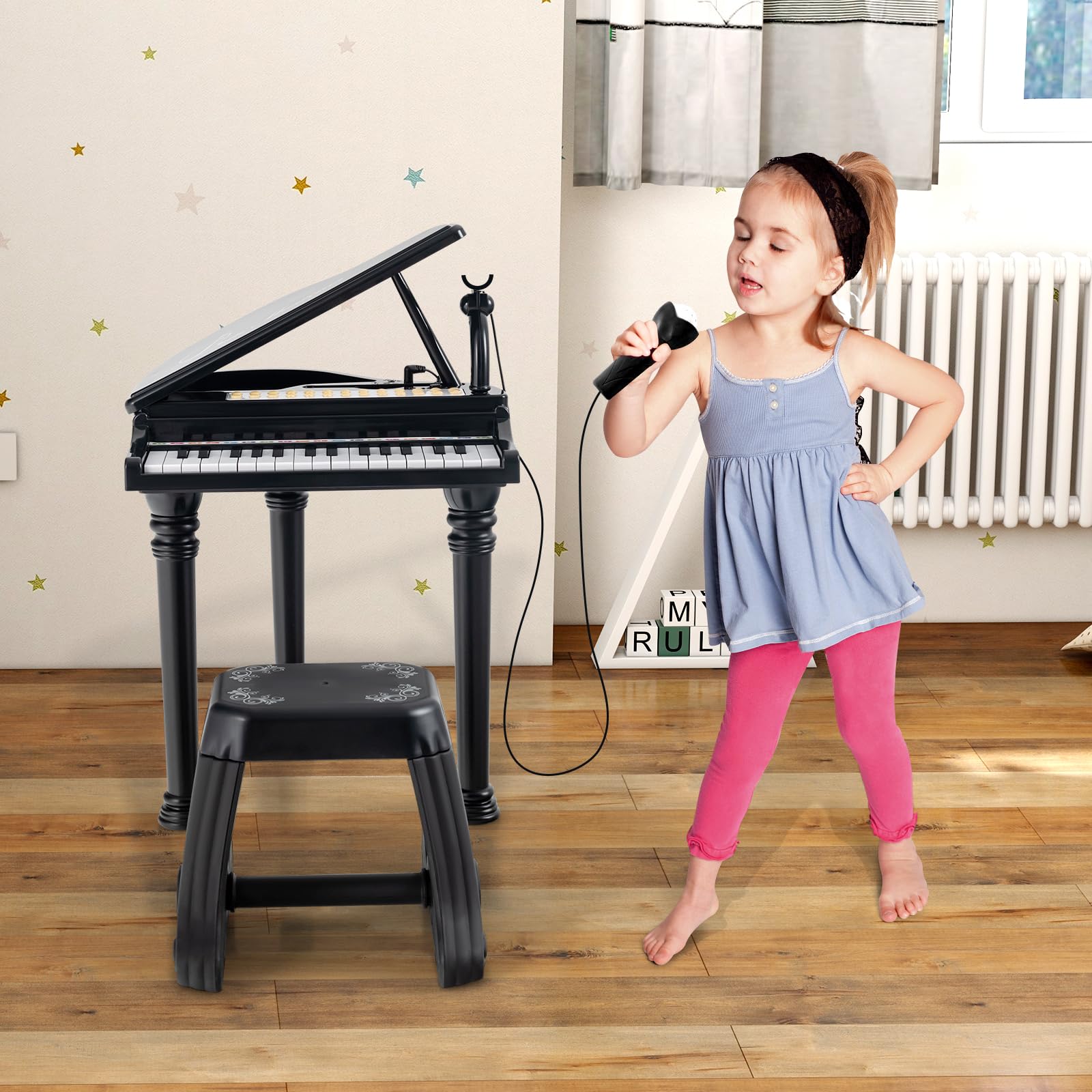 GOPLUS Piano Infantil de 31 Teclas, Piano Electrónico para Niños con Taburete, Micrófono y 3 Modos de Aprendizaje, Juguete Musical, Niños (Negro)