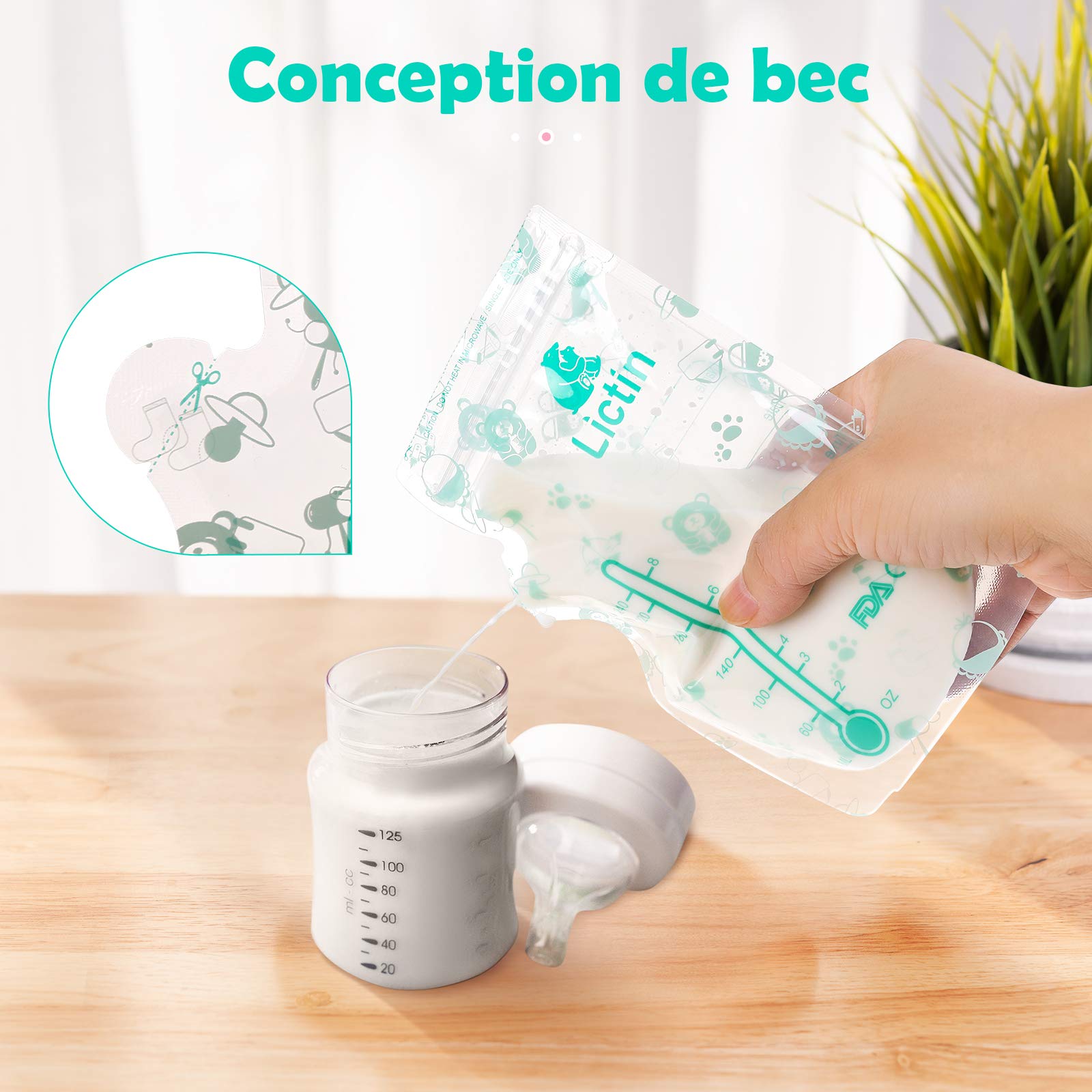 Lictin Conservation Lait Maternel 120Pcs - 240ML Sachet Conservation Lait Maternelle Pré-stérilisés, Épaissir Double Fermeture Glissière Sachet Lait Maternel, Bec Verseur Intégré