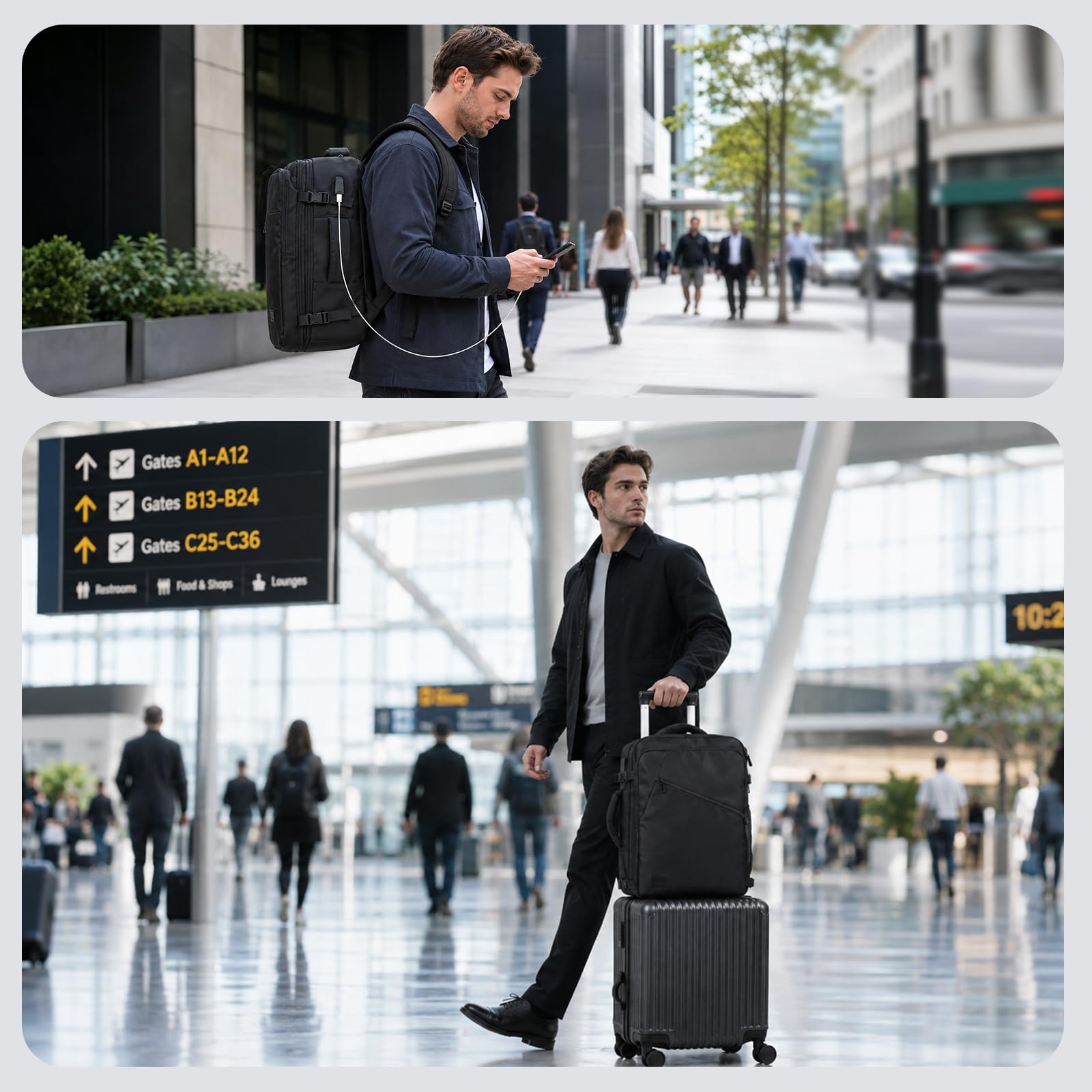 Sac a Dos Voyage Cabine Avion, 24L Sac a Dos Cabine Avion 40x30x20, Extensible jusqu'à 30L Conforme Air France, Ryanair, Compartiment Ordinateur 15,6 Pouces & Port USB Pour Voyages - Noir