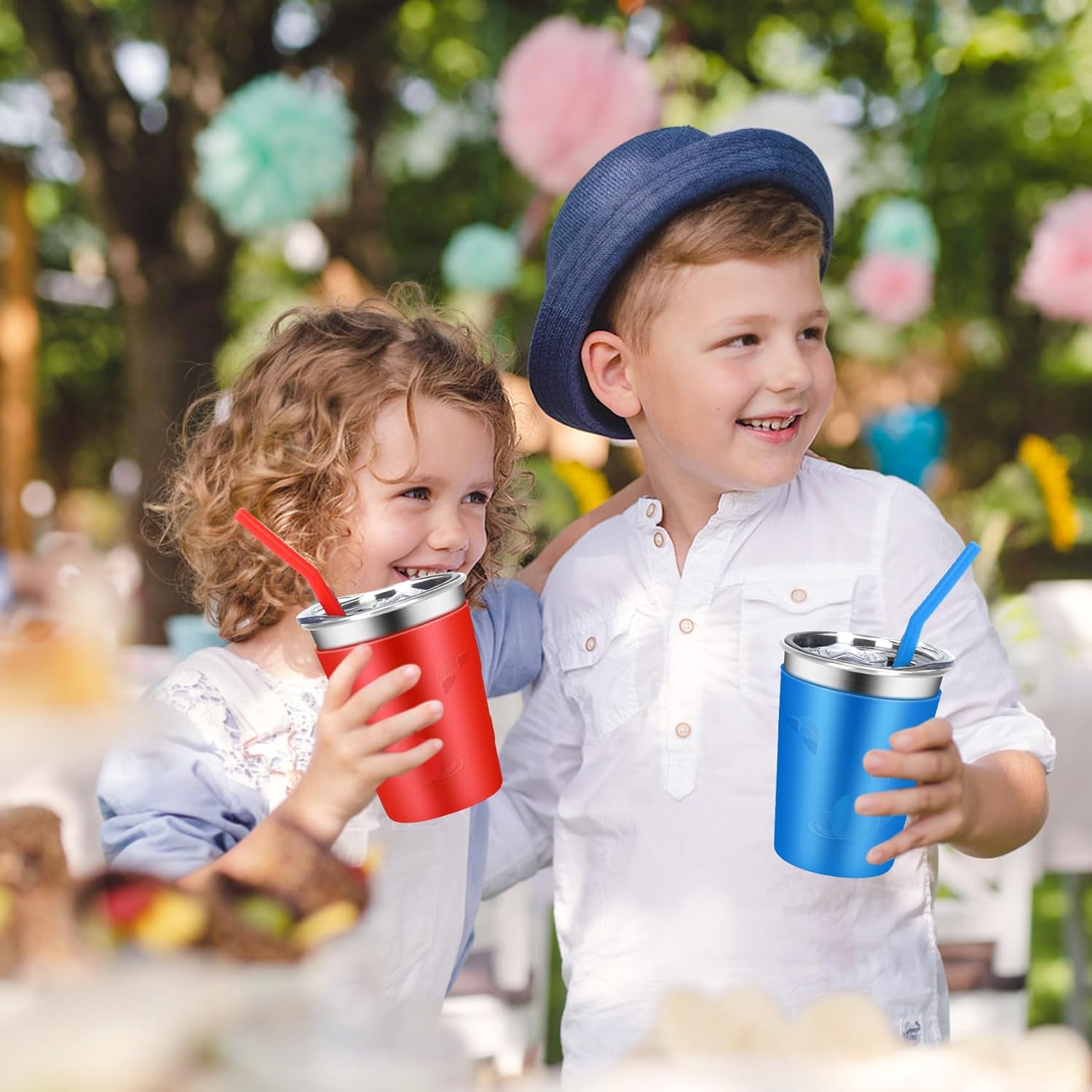 ShineMe Stainless Steel Kids Cups with Straws and Lids, 2 Pack Toddler Cups Spill Proof with Cute Sleeves in Bright Colors, 12oz Unbreakable Kids Drinking Tumblers for Cold/Hot Drinks (Red & Blue) - Image 5