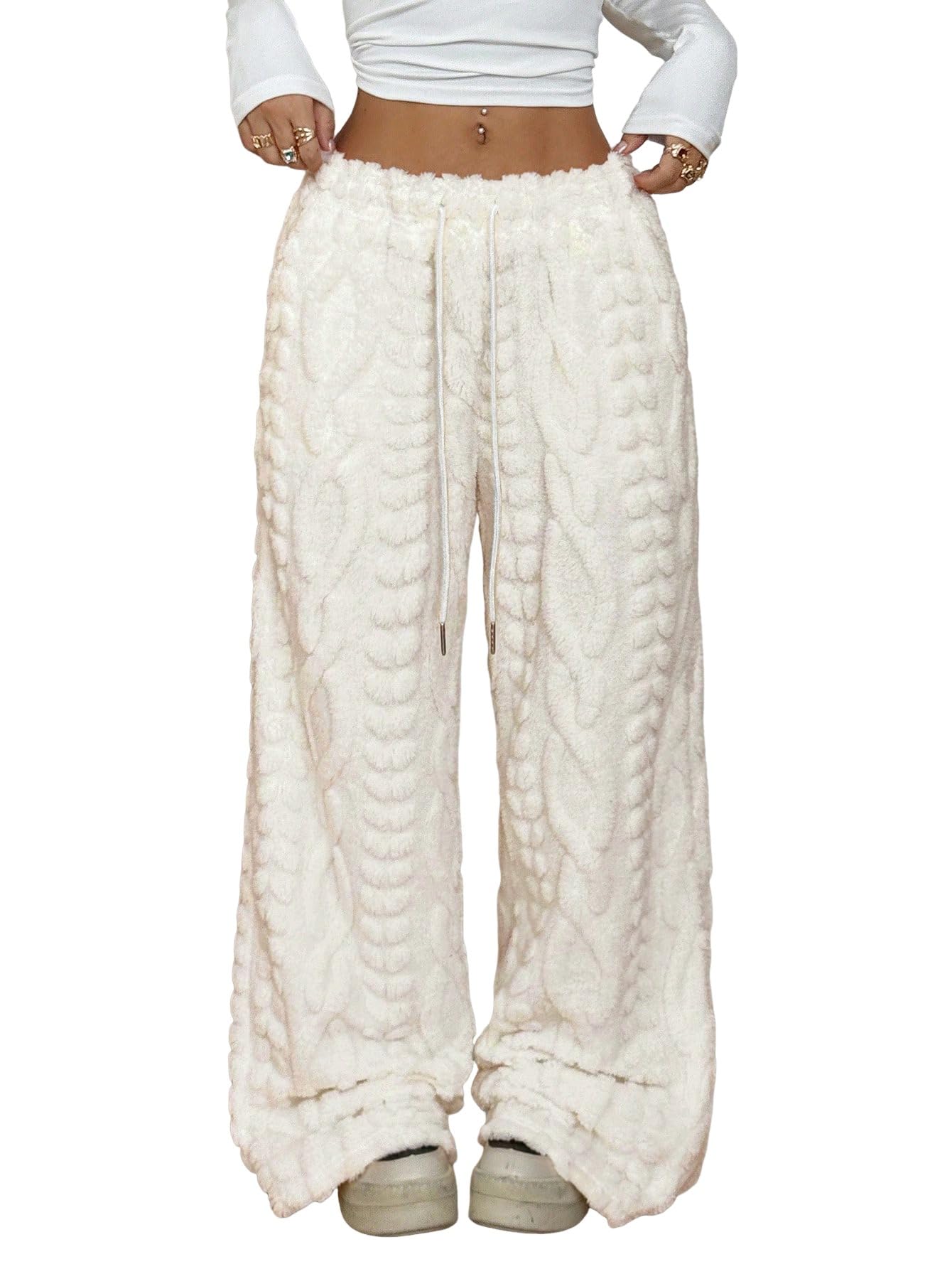 ZAFUL Women's Fuzzy Plush Pajama Pants Wide Leg Pj Bottoms Lounge Pants