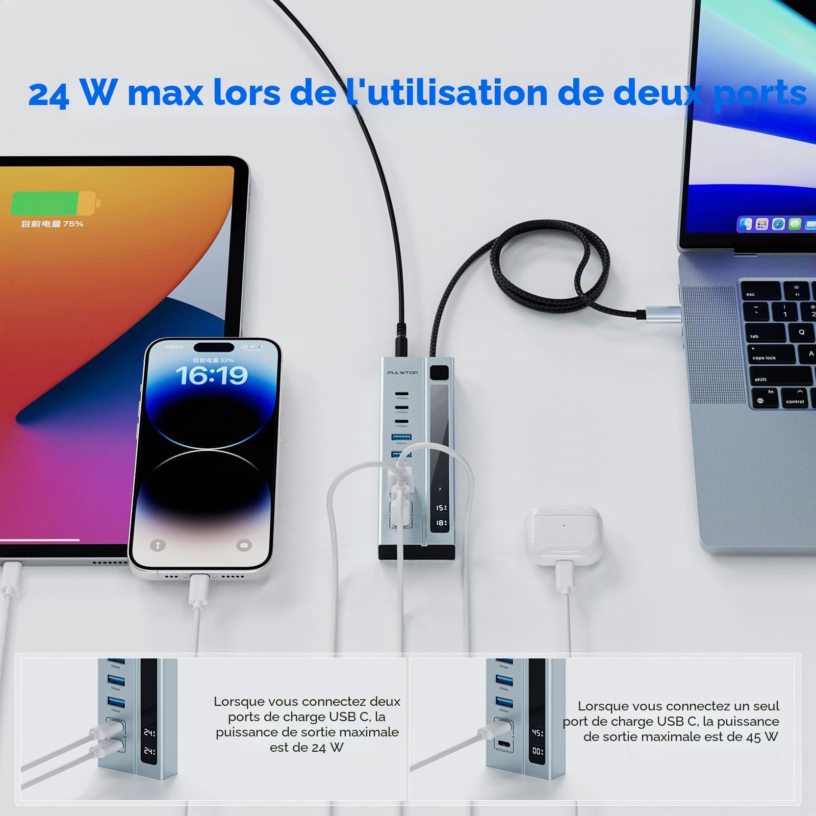 Hub USB-C alimenté, hub USB avec Charge Rapide 10 Gbit/s et PD 45 W Max | PULWTOP Hub USB C alimenté avec Adaptateur 72 W, hub USB C 3.2 avec données USB A/C (10 Gbit/s) et Ports de Charge (Max 45 W)