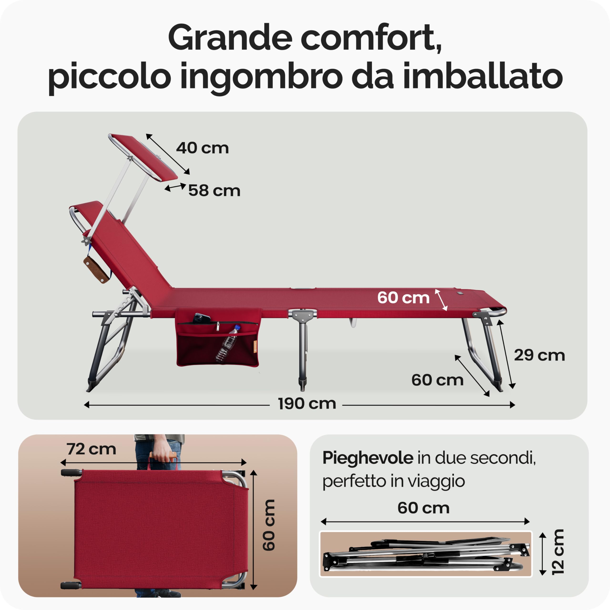 CASARIA® Lettino Ibiza 190x59cm Carico Max 150 Kg Pieghevole Sdraio Alluminio Prendisole Mare Giardino con Tettuccio Trasportabile