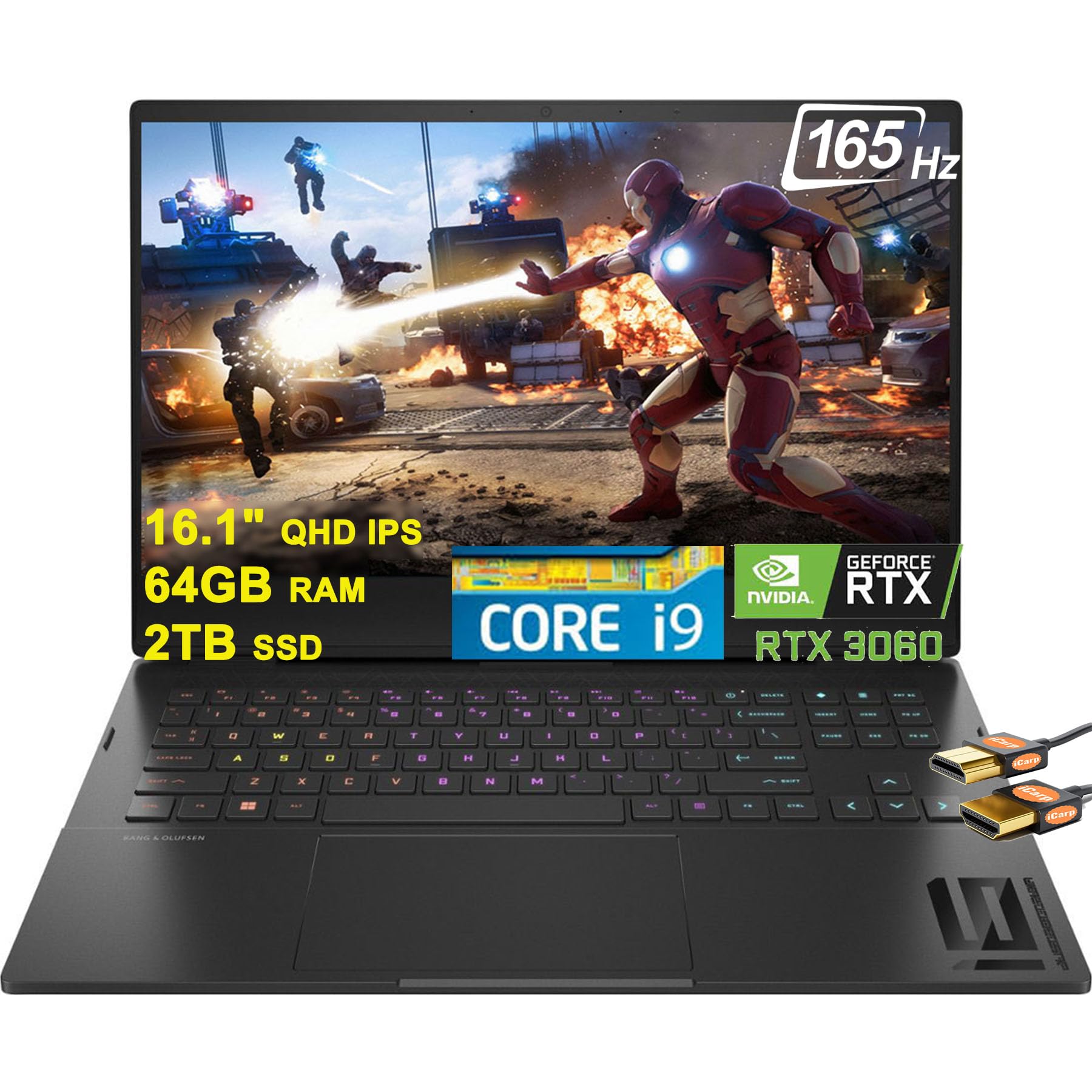 HP Omen 16 Premium Gaming Laptop 16.1" QHD IPS 165Hz 3ms 12th Gen Intel 14-core i9-12900H 64GB RAM 2TB SSD GeForce RTX 3060 6GB Graphic RGB Backlit Thunderbolt4 Fast Charging Win11 Black + HDMI Cable