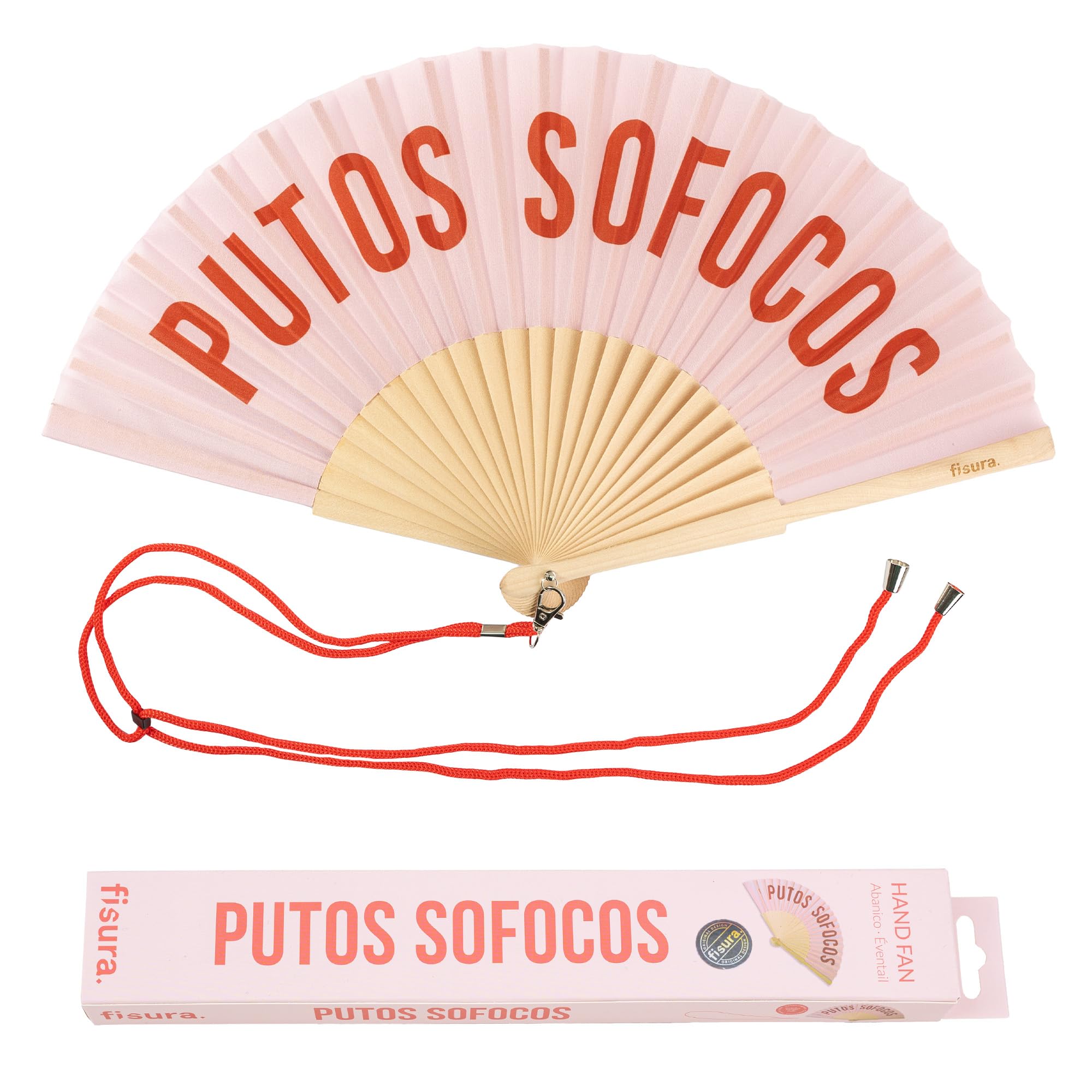 Fisura – Abanico original con mensaje “p*tos sofocos”. Abanico de madera moderno y gracioso. Abanico rosa y rojo. Abanico con cuelga abanico. 42,5 x 23 cm.