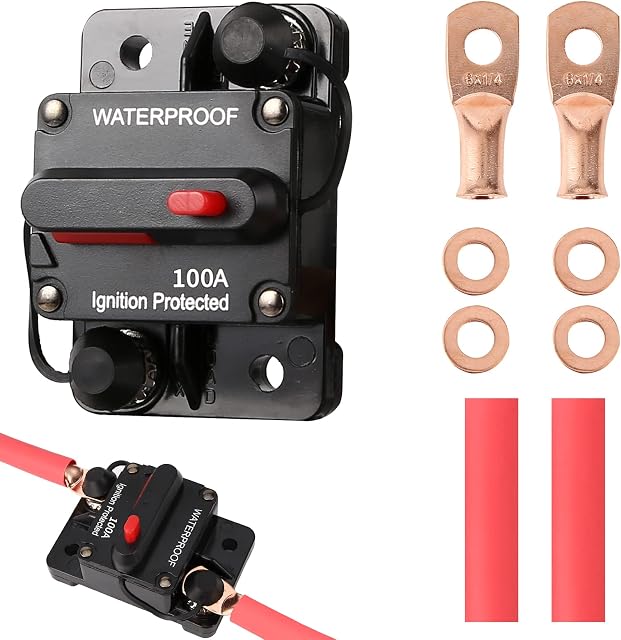Audio Circuit Breaker12V-48V DC Fuse HolderReset Fuse Inverter with Wire Lugs Copper Washer Washer and Heat Shrink tubing,for Automotive Marine Boat Audio System Current Overload Protection (100AMP)