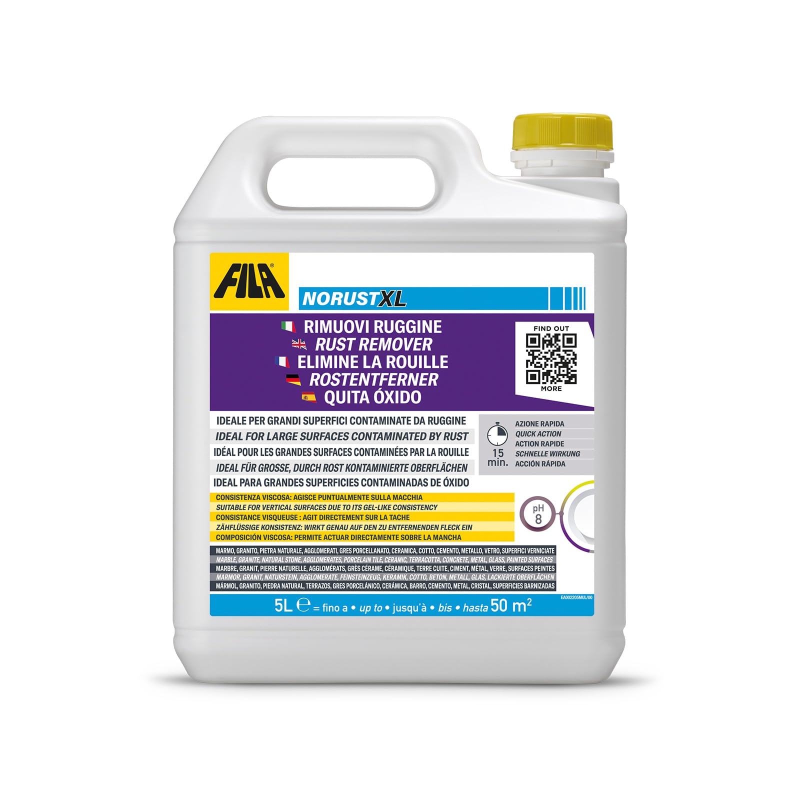 FILA Solutions NORUST XL Smacchiatore Ruggine Marmo Gres Cotto - 5L | Soluzione concentrata per rimuovere macchie di ossidazione estese da pavimentazioni e pietre naturali