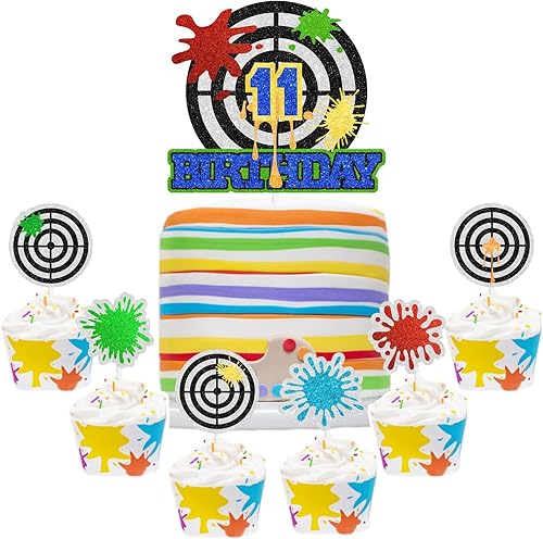 Miniatura 4 de Decoración para pastel de paintball de cumpleaños número 11, decoración de salpicaduras de airsoft, fiesta de paintball, fiesta de cumpleaños para