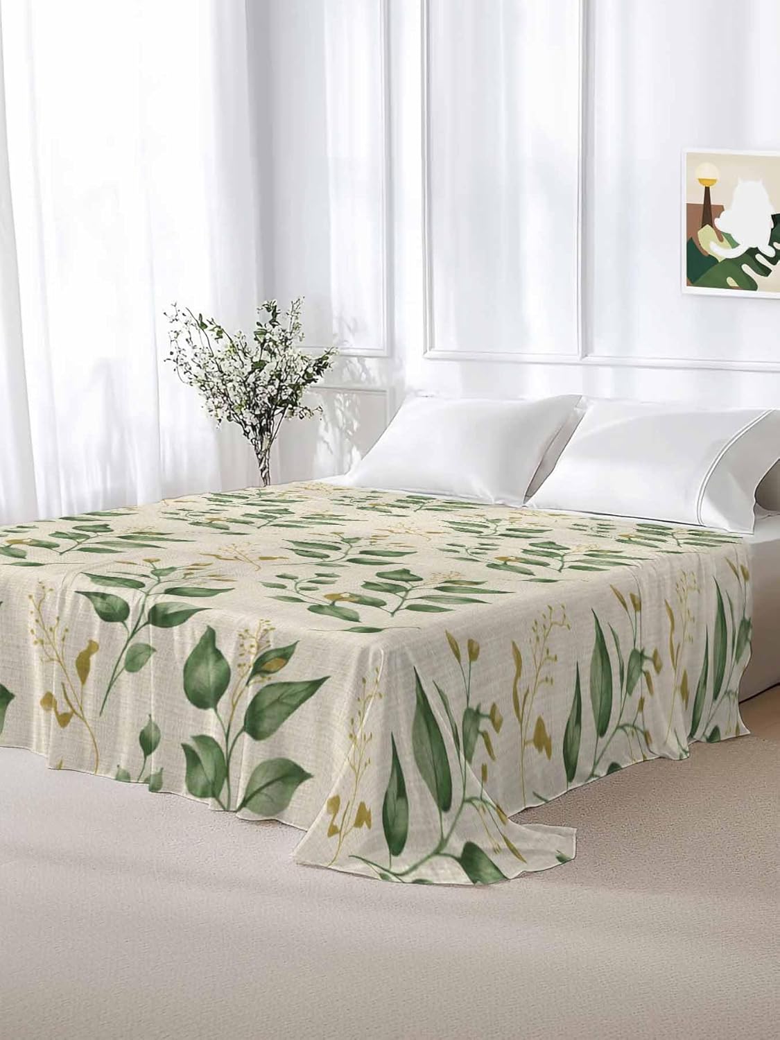 Top Sheet Twin XL Bedding Flat Sheet Only, Green Watercolor Leaves Seamless Microfiber Bed Sheets Soft Breathable Bedding Flat Sheets, Fallen Leaf Retro Linen Hotel Luxury Top Sheets