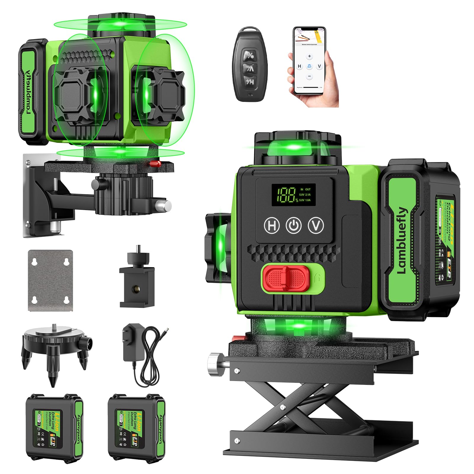 Lambluefly Laser Level, Laser Levels Self Leveling with 2x5000mAh Batteries and LED Display, 4x360 Lazer Level Tool with Tool Box,16 Green Lines/APP/Remote Control/Pulse Mode/IP54