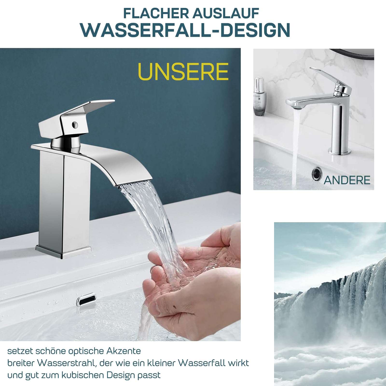 Robinet de lavabo cascade pour lavabo de salle de bain - Mitigeur monocommande - WC d'invités - Hauteur : 110 mm - Chromé