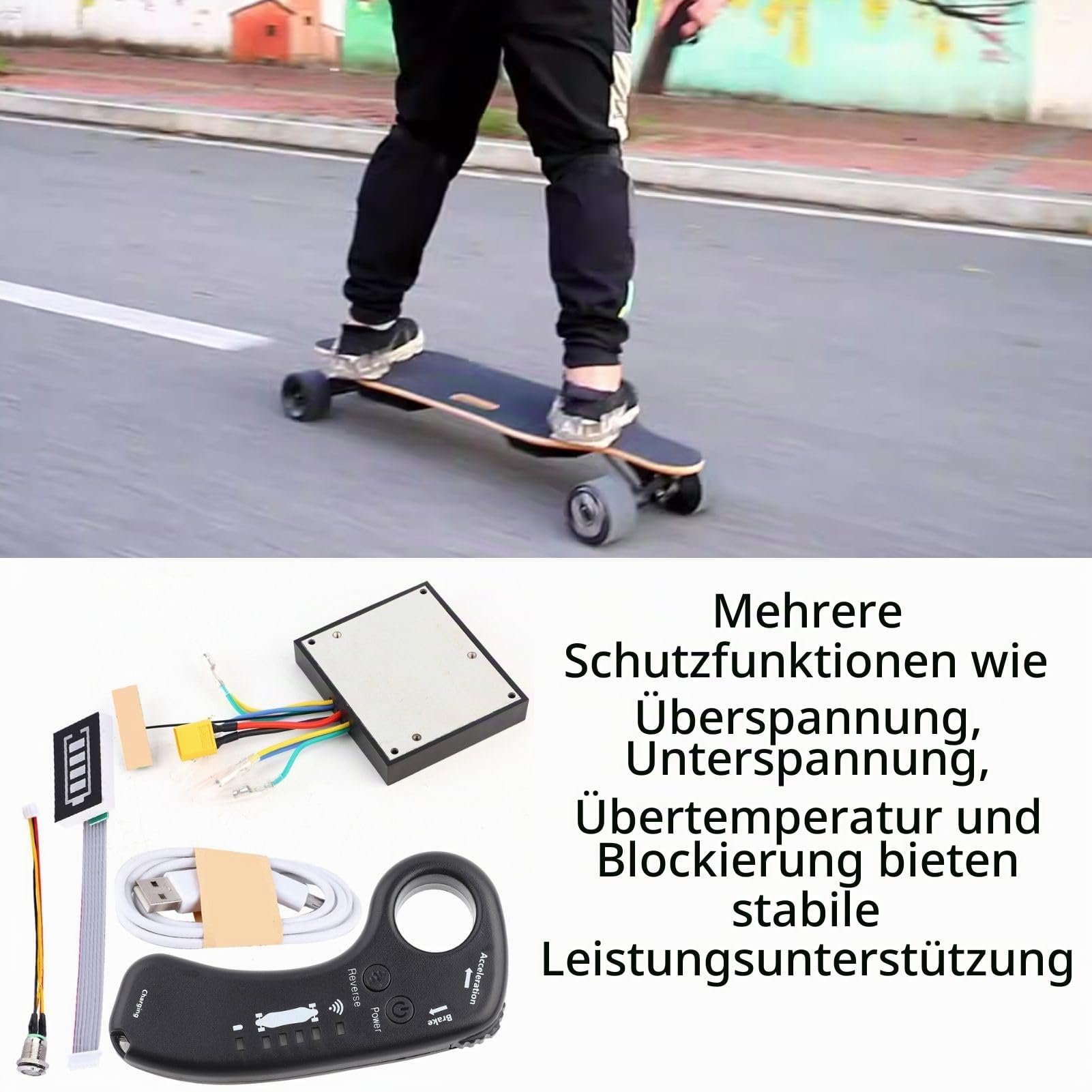 Elektro Skateboard Controller ESC Set, 36V 12A 430W Elektrisches Longboard Doppelantrieb Sinuswelle Bürstenloser Nabenmotor Hauptplatine ESC mit Fernbedienung