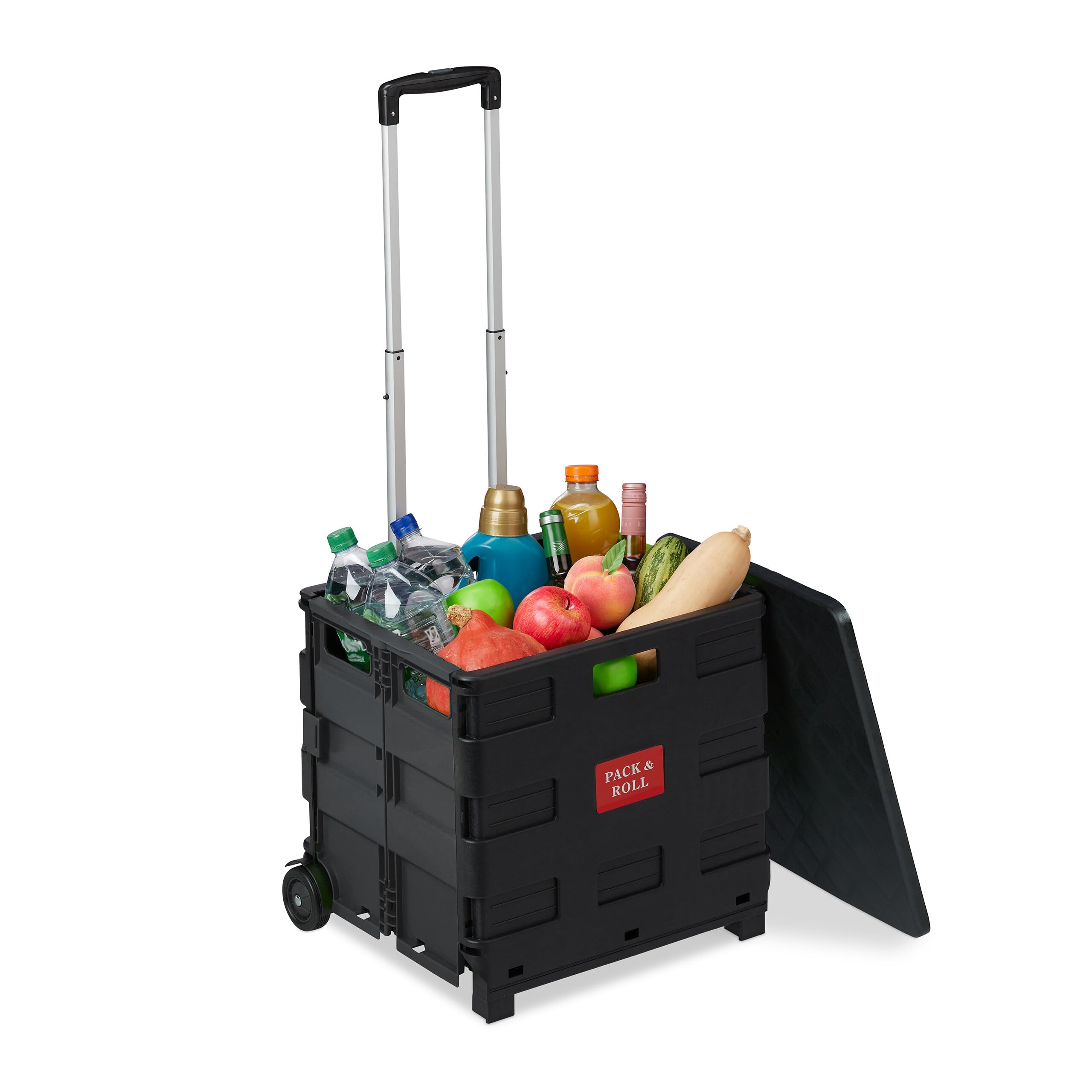 Relaxdays Einkaufstrolley, klappbar, Einkaufskorb mit Rollen, Deckel & Teleskopgriff, bis 35 kg, Rollkiste, schwarz/grau