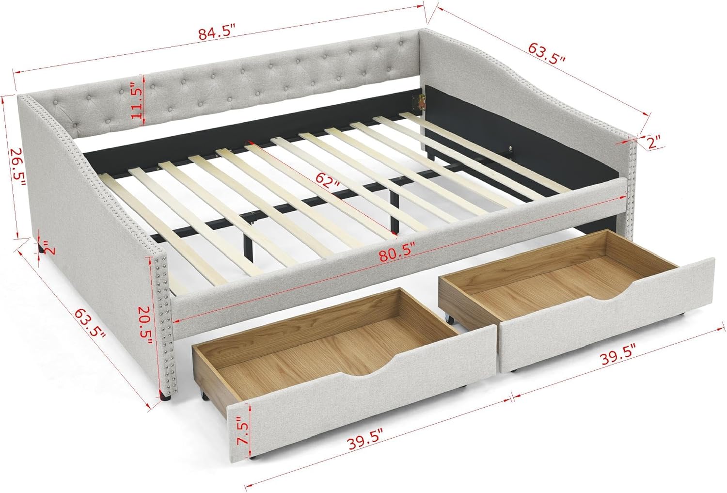Flieks Queen Size Wood Daybed with Drawers,Queen Upholstered Button Tufted Sofa Bed with Copper Nail on Waved Shape Arms,Beige(84.5"x63.5"x26.5")
