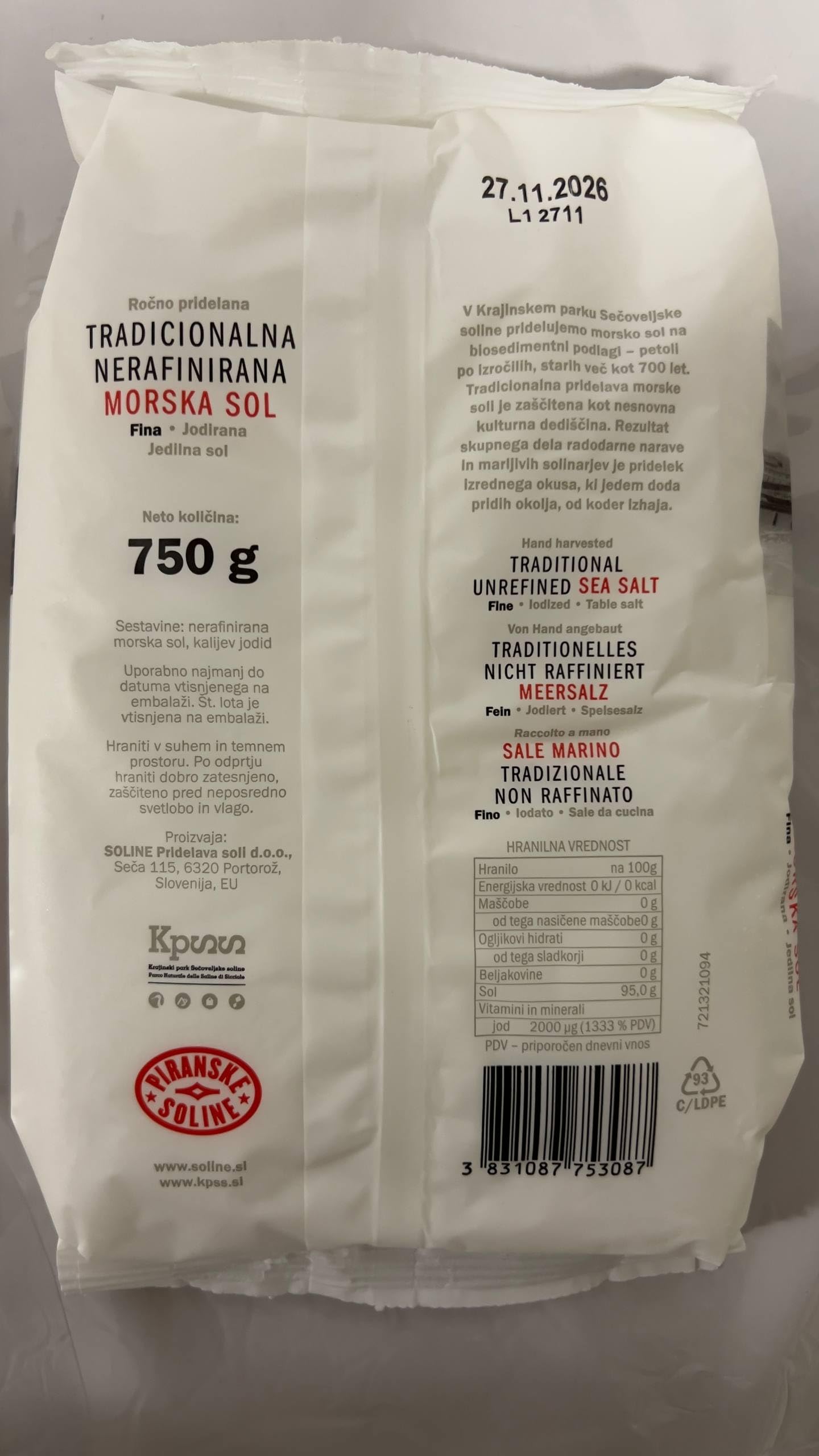 SORINA Sal marina sin refinar yodada fina tradicional (bolsa de 750 gramos) - Sal marina totalmente orgánica y sin refinar - Buena para cocinar y sal de mesa (26 oz)
