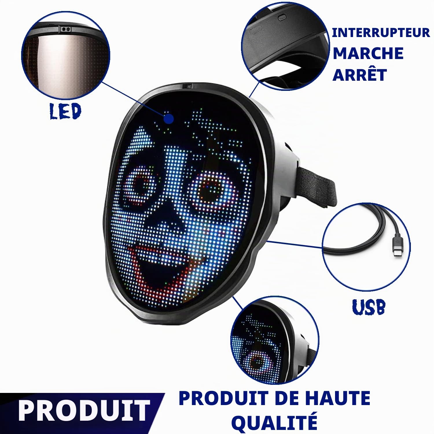 Facemask® | Masque Led Connecté | Qualité Premium | Ecran Programmable Bluetooth avec Smartphone | Cosplay | Insolite | Accessoire | Déguisement | Halloween | Recharge USB | 100% Horreur