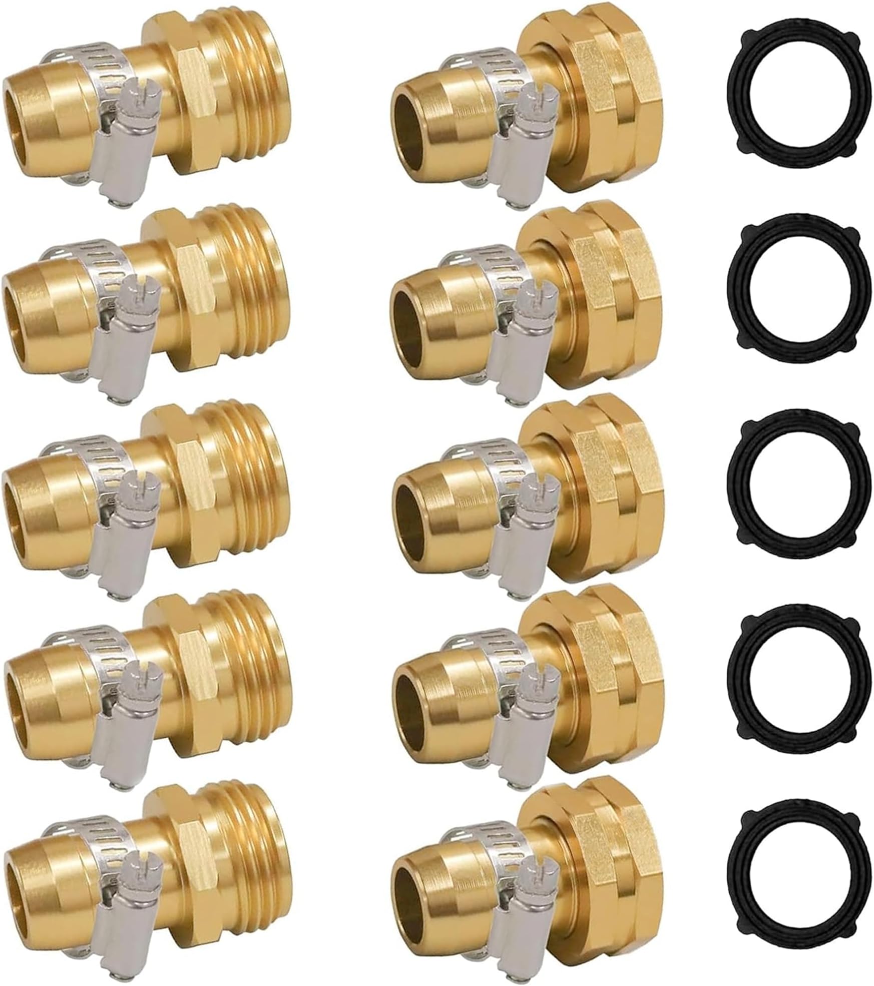 Hourleey Garden Hose Repair Connector with Clamps, Fit for 3/4" or 5/8" Garden Hose Fitting, Male and Female Hose Adapter Water Hose Repair Kit, 5 Set