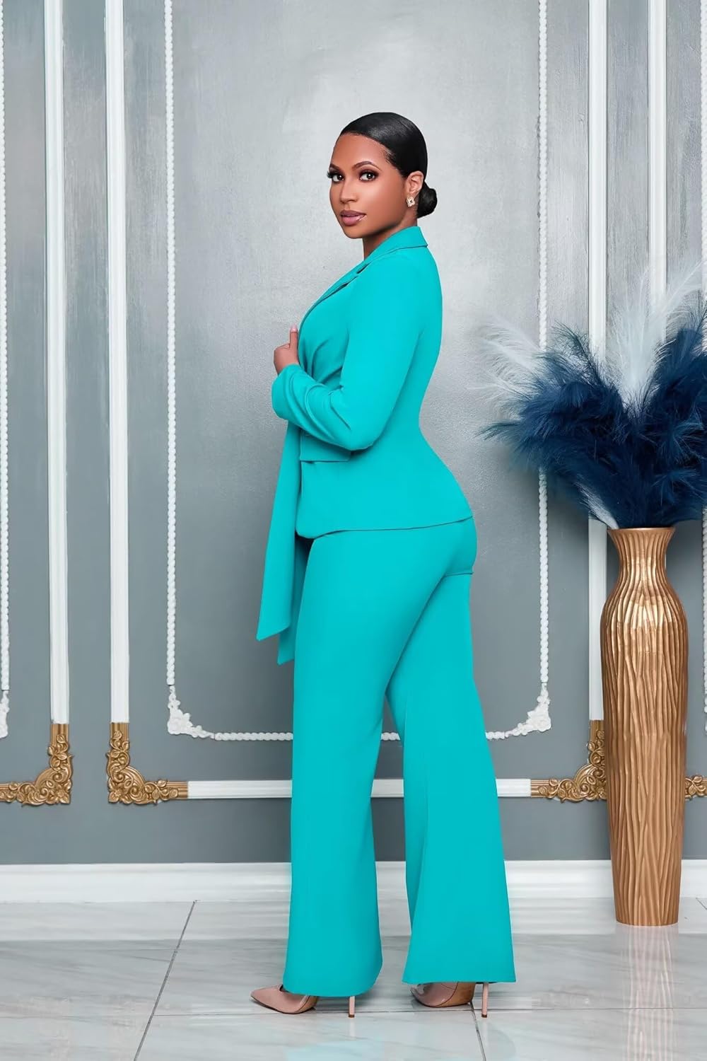 Womens Suits 2 Piece Set Business Casual Work Outfits Office Long Sleeve Tie Waist Blazer and Pants Sets - Image 4