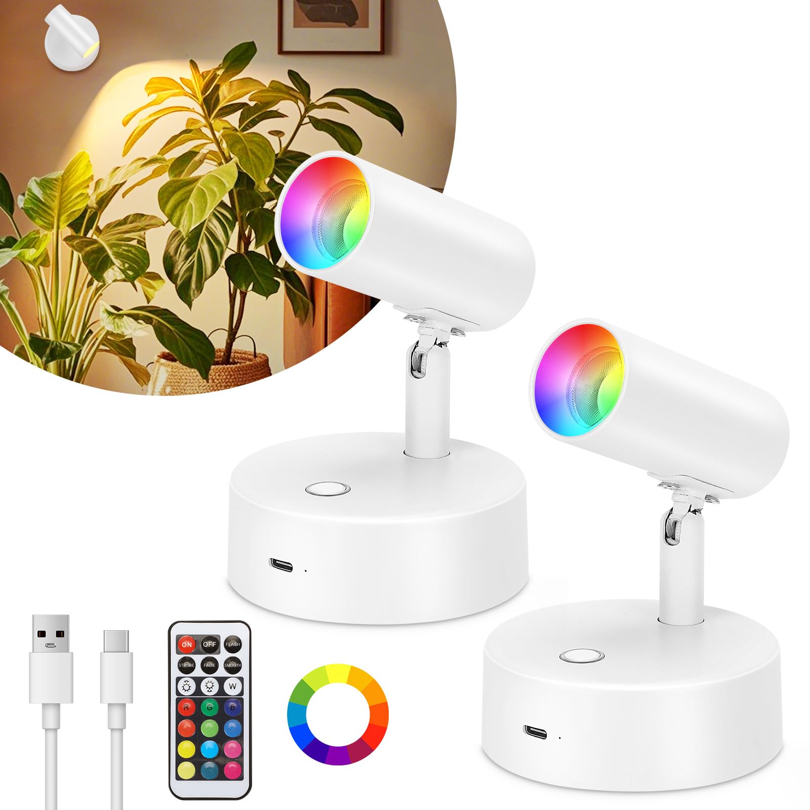 Glowlit Battery Spotlight Indoor 5500mAh, Rechargeable Wall Lights with Remote, 13 Color Changing Dimmable Spot Lights Set of 2, Battery Operated Picture Lights, White