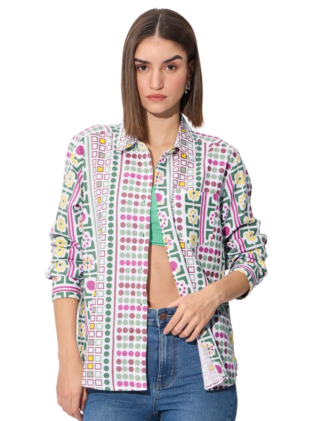 the souled store Aztec Women and Girls Long Sleeves Collared Neck Button Front All Over Printed Cotton Boyfriend Shirts-picture-53