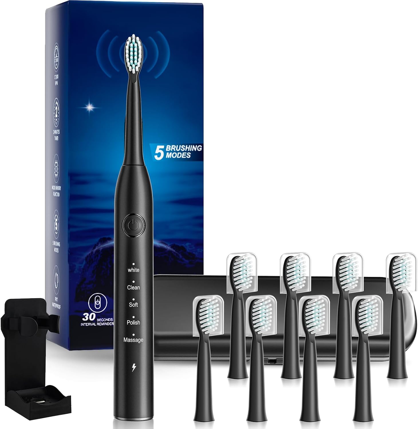 Rechargeable Electric Toothbrush, 8 Brush Heads, with 100 Day Battery Life, 5 Cleaning Modes, Fast Type-C Charging, Comes with Portable Travel Case & Holder, Black