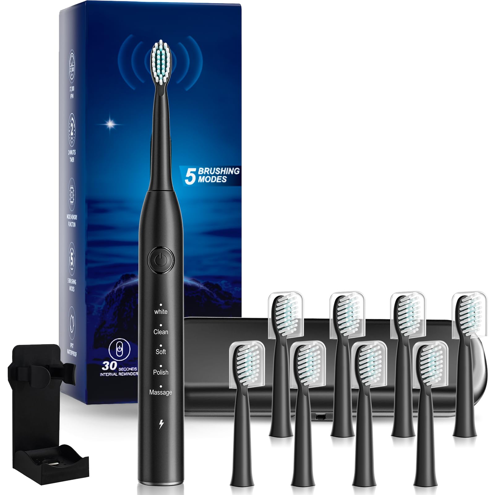 Electric Toothbrush with 5 Cleaning Modes & 100 Day Battery, Black