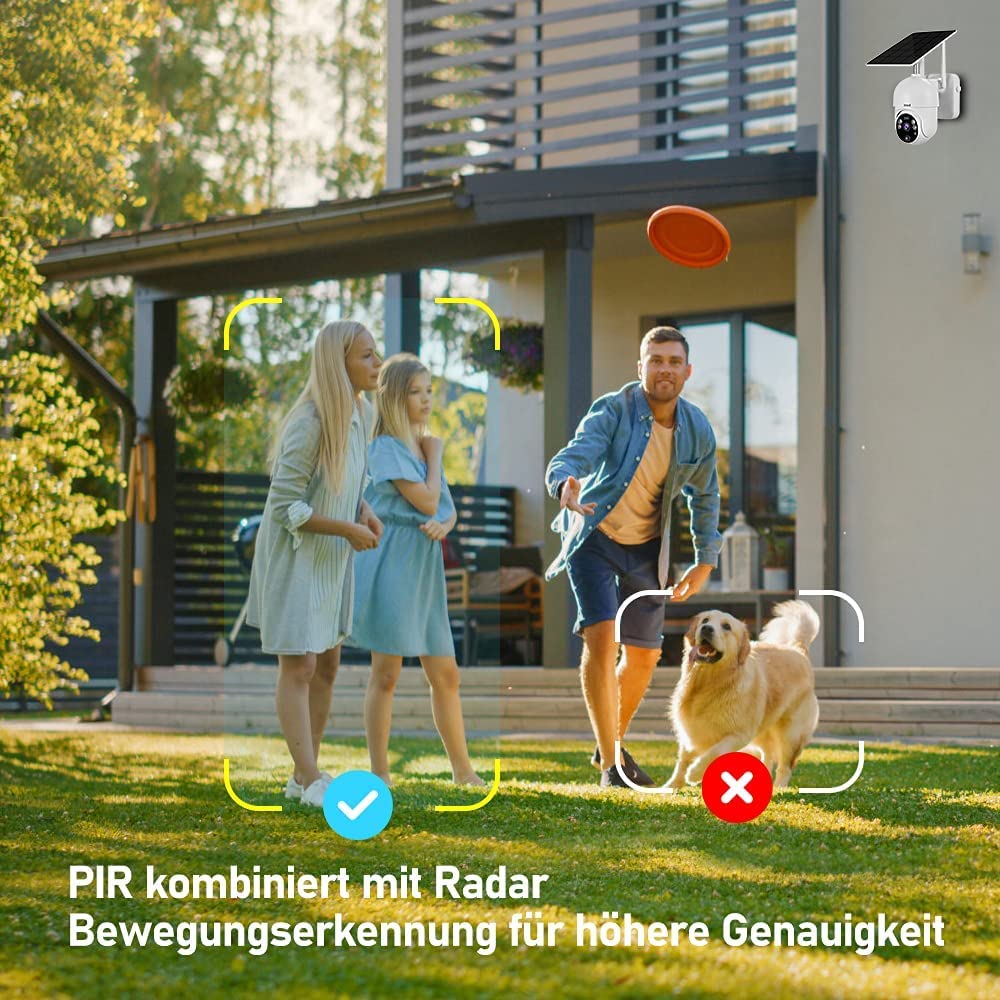 JideTech Solarna kamera monitorująca, zewnętrzna, akumulator 14400 mAh, 1080p PTZ WiFi Dome kamera WLAN z panelem słonecznym, wykrywaniem PIR i radaru, noktowizor kolorowy, 2-drożne audio, widoczność