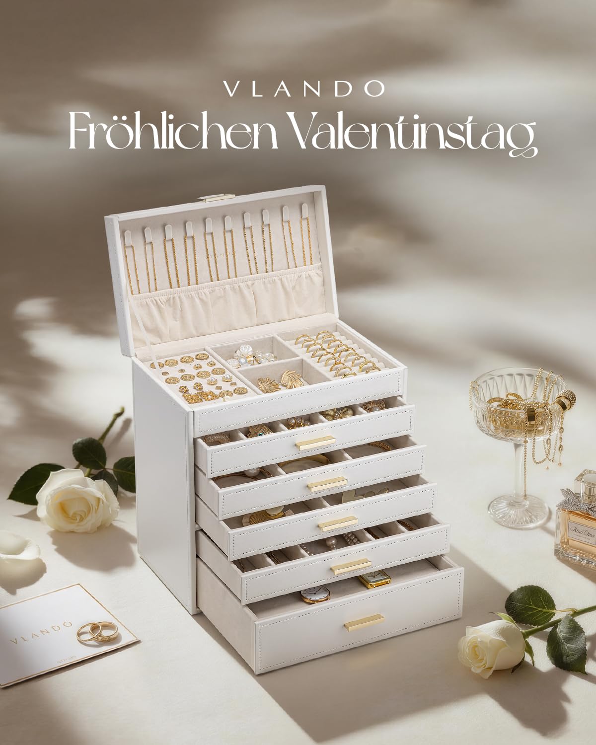 Zumier Portagioie vintage per anelli e collane, grande organizer per orecchini in pelle PU, con 3 strati di cassetto, per Natale, compleanno, San Valentino, nero