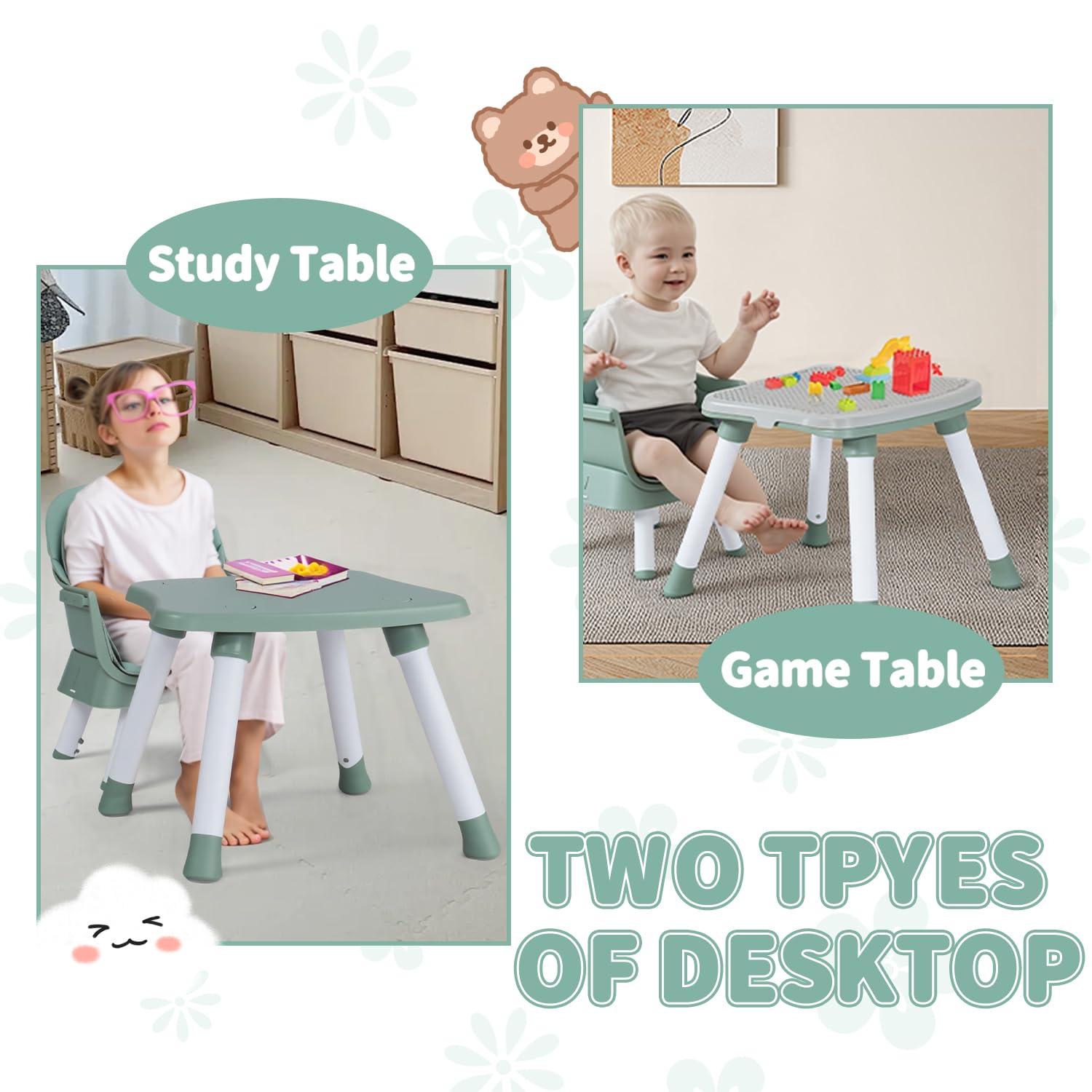Kinder King 8 in 1 Baby High Chair, Coverts to Dining Booster Seat/Kids Table & Chair Set/Toddler Building Block Table/Kids Stool, Removable Tray & Double Seat Cover, Easy to Wipe, Green & White