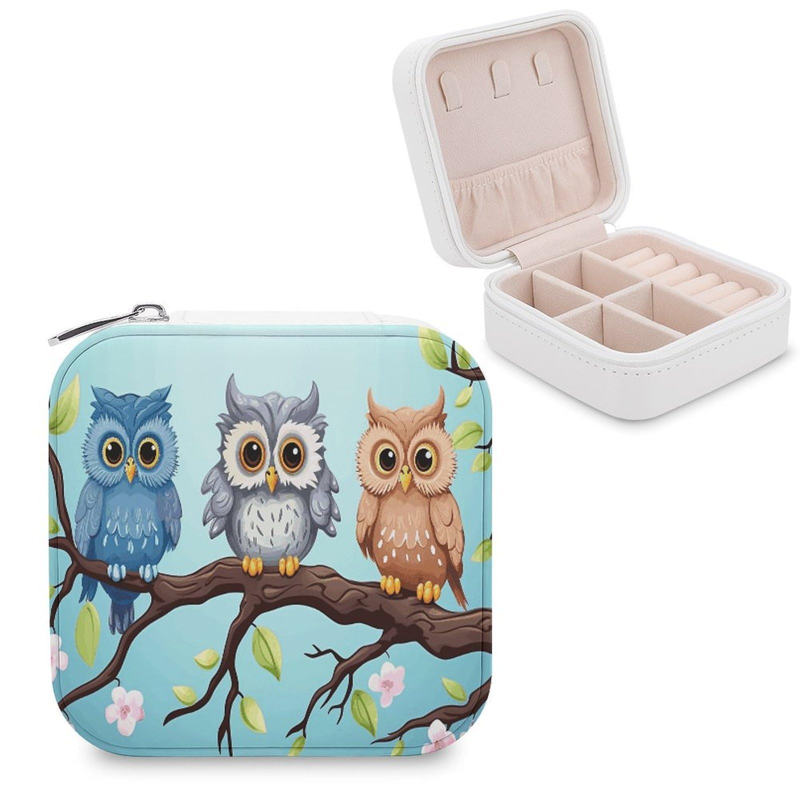 VstaDank Owls on A Branch Jewelry Box for Women Jewelry Organizer Storage Case with Zipper Mini Travel Jewelry Case Cute Trinket Organizer Leather Portable Jewelry Storage Box