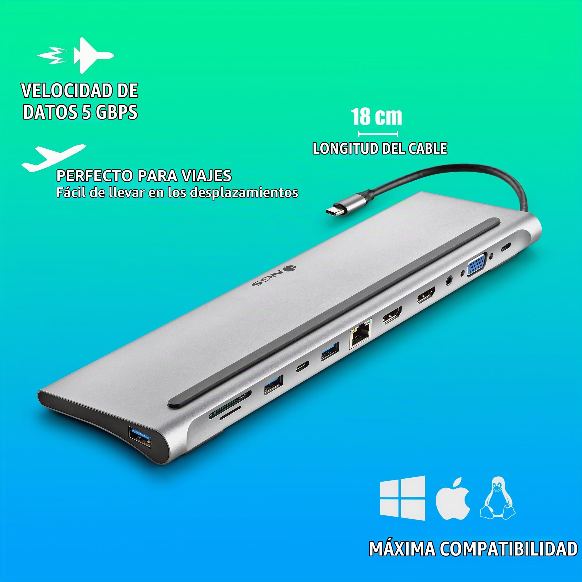 NGS Wonder Dock 12- Adaptador Multipuerto USB-C 12 en 1. Carga rápida | USB 2.0, 2x USB 3.0, 2x HDMI, VGA, entrada de audio, PD (Power Delivery), RJ45 (Ethernet), USB-C y ranura SD/TF