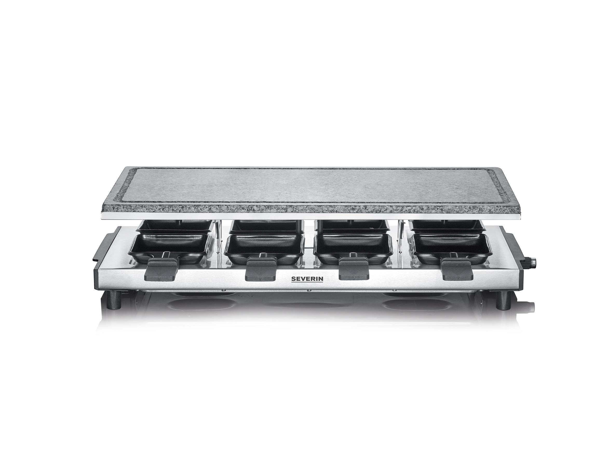 SEVERIN RG 2374, Grill Raclette XXL con Pietra Naturale, Raclette 8 persone con Padelline Antiaderenti, Area di Cottura 48.5 x 24 cm, Controllo della Temperatura, 1700 Watt