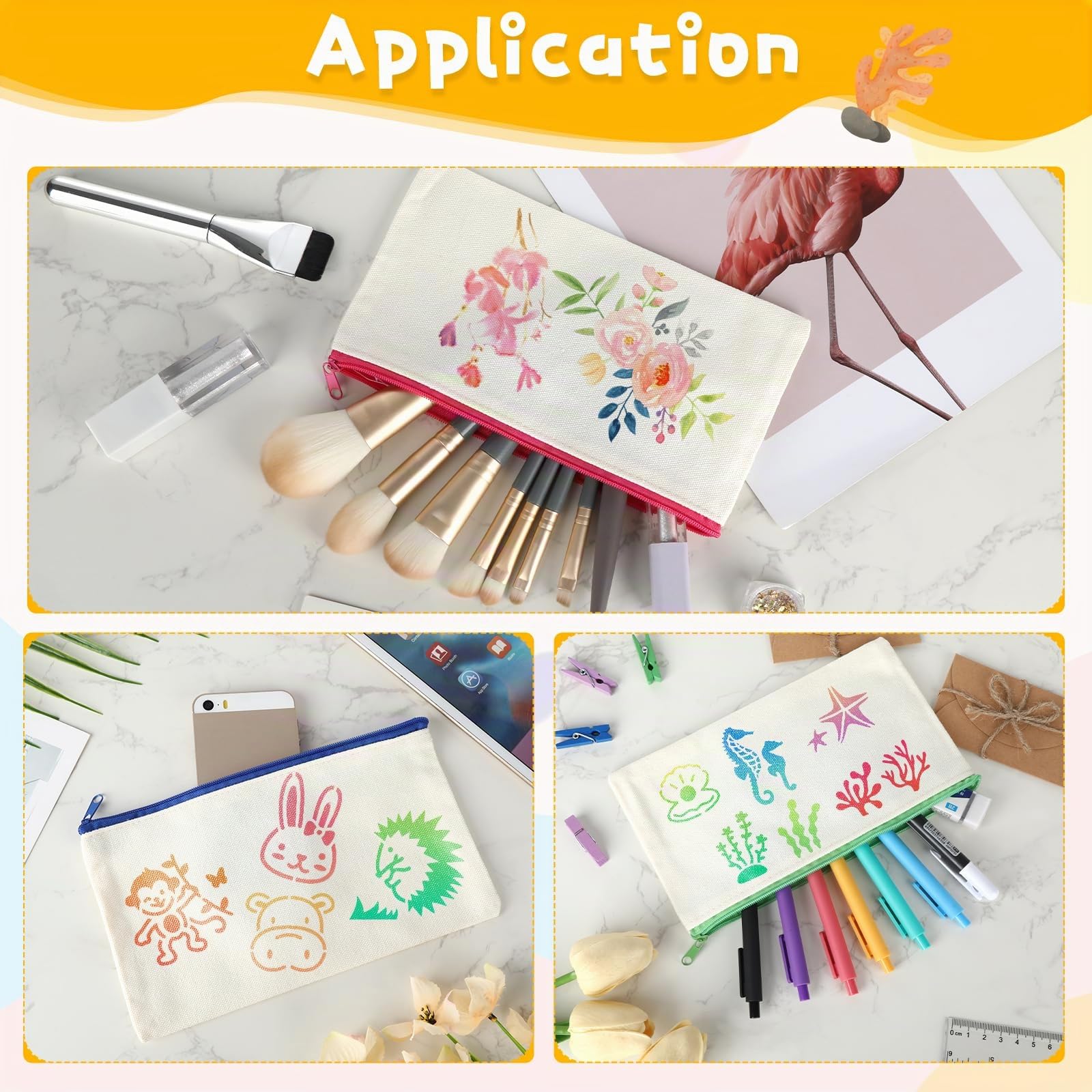 12 Pièces DIY Vierge Pochette Tissu, Pochette Tissu Zippée, Trousses en toile à peindre,12 pinceaux colorés, 16 modèles de peinture, 12 x 21cm,pour Voyage Activités en Classe, cadeaux pour enfants