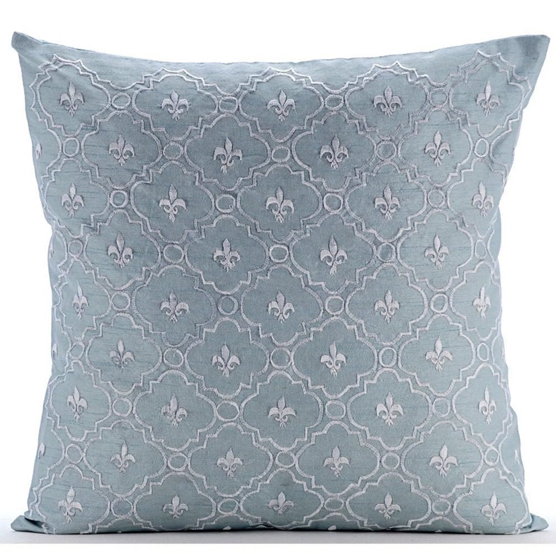 The HomeCentric Light Blue Cushion Shams, Lattice Trellis Embroidered French Theme Cushion Shams, 60x60 cm (24x24 inch) Cushion Shams, Square Silk Cushion Sham, Floral - French Nautical โ image 1