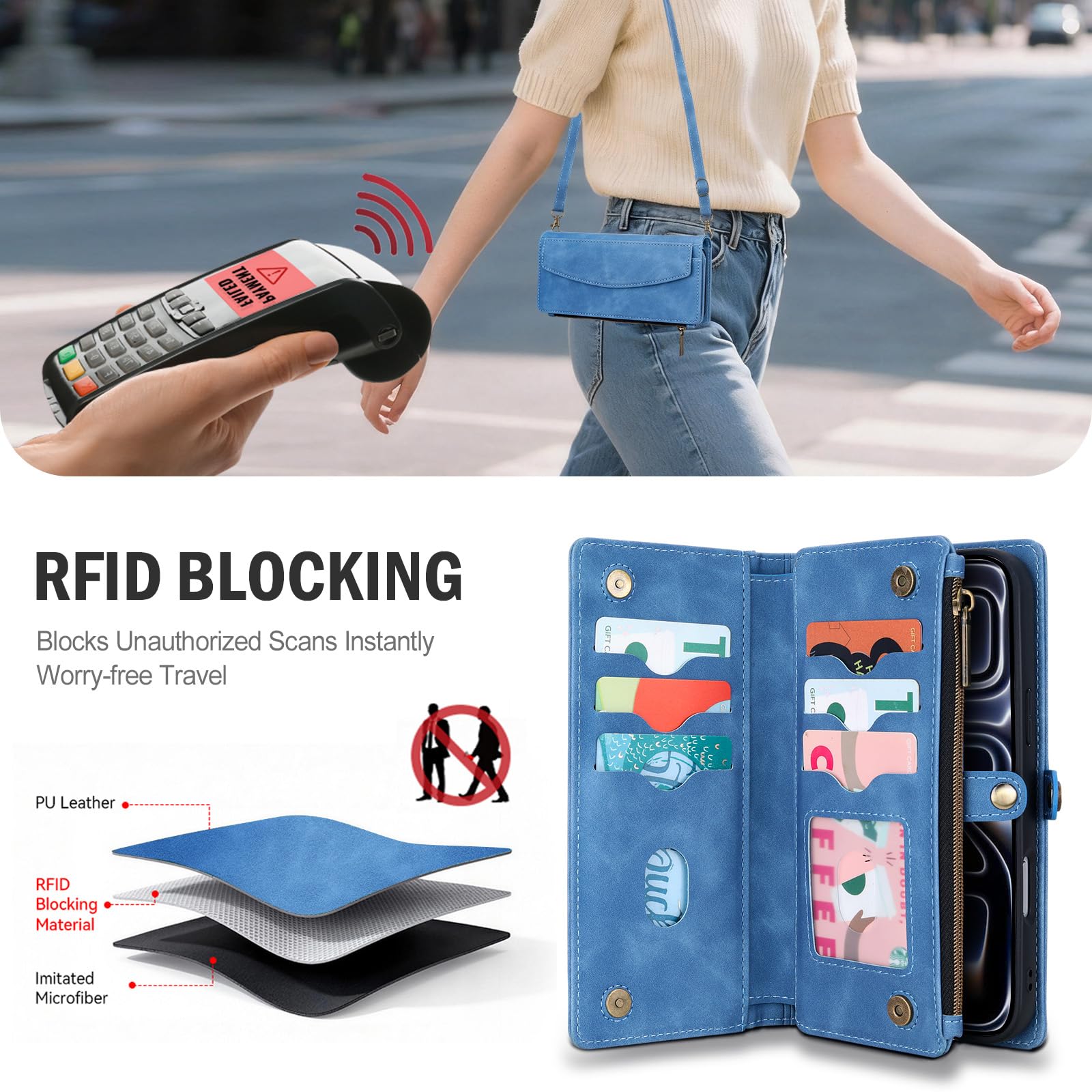 Custodia a portafoglio per iPhone 17 Pro Max compatibile con MagSafe, blu | magnetica staccabile, porta carte, tasca con cerniera, custodia in pelle PU con tracolla per iPhone 17 Pro Max