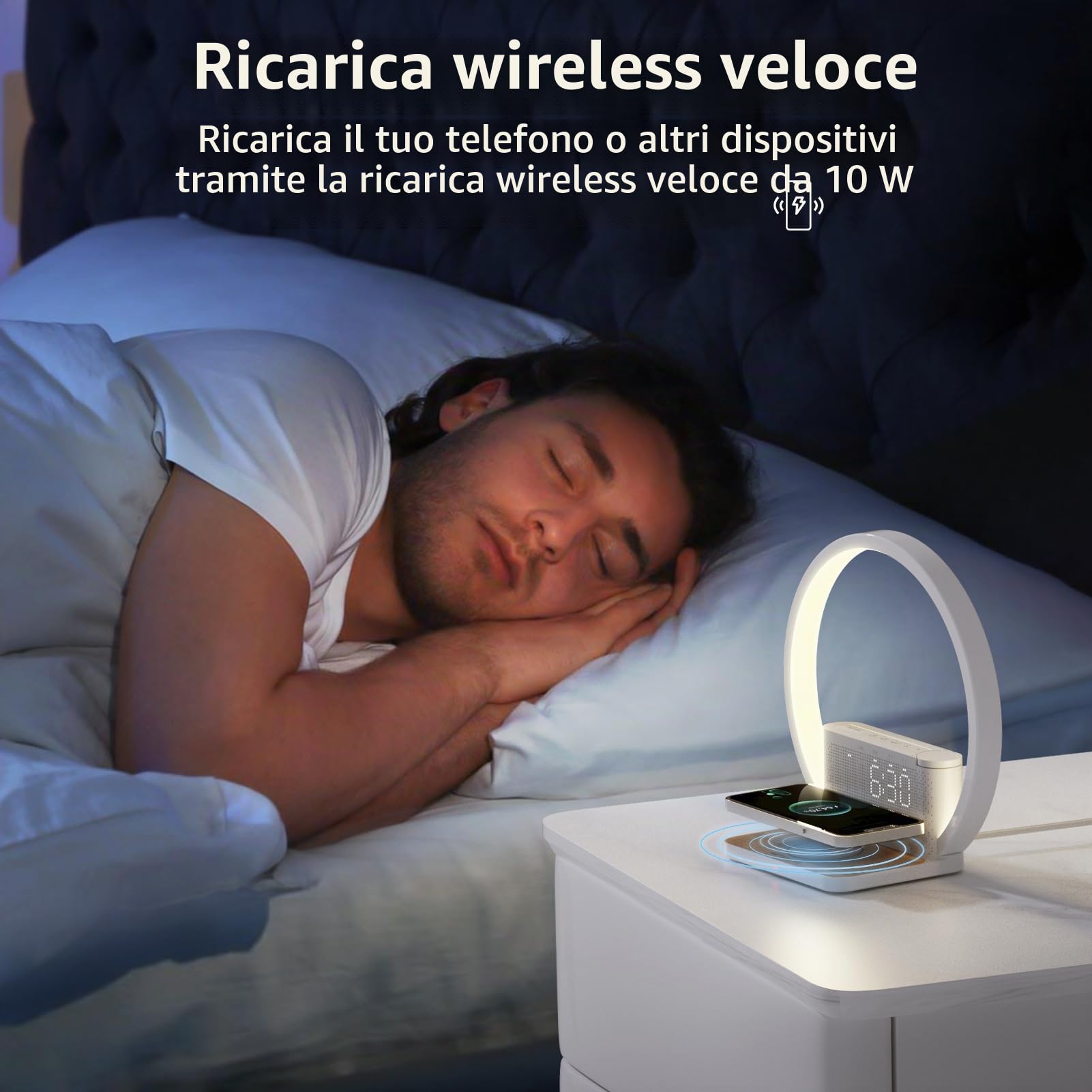 RETEYUNG Lampada da comodino con funzione di ricarica,caricatore wireless da 10W,Sveglia Con Luce,Wake Up Light,10 Suoni Natura,Touch Dimmerabile,3 livelli di luminosità,Adatto per camera da letto.