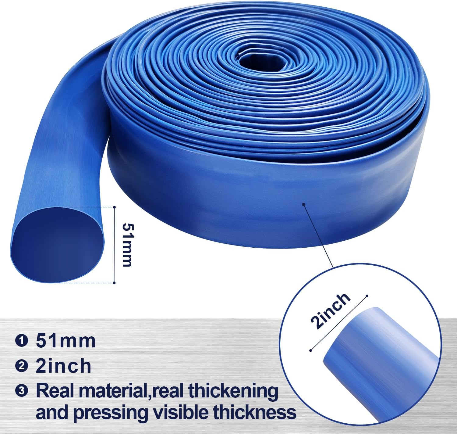 YASHINE PVC HOSE 2"*50ft, Pool Backwash Hose, Heavy Duty Reinforced Blue PVC Lay Flat Water, For Swimming Drain Pools and Clean Filters, with 2 Clamp